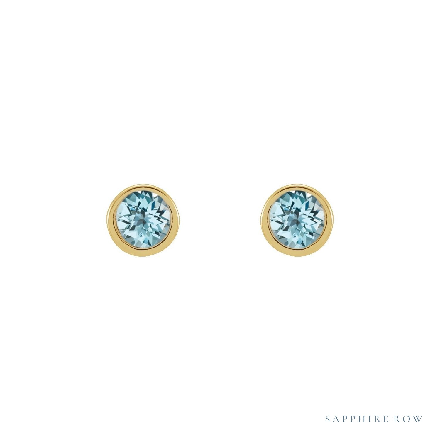Sapphire Row Natural Gemstone Micro Bezel Studs - Sky Blue Topaz, 14K Yellow Gold, 2.5 mm (view 2)