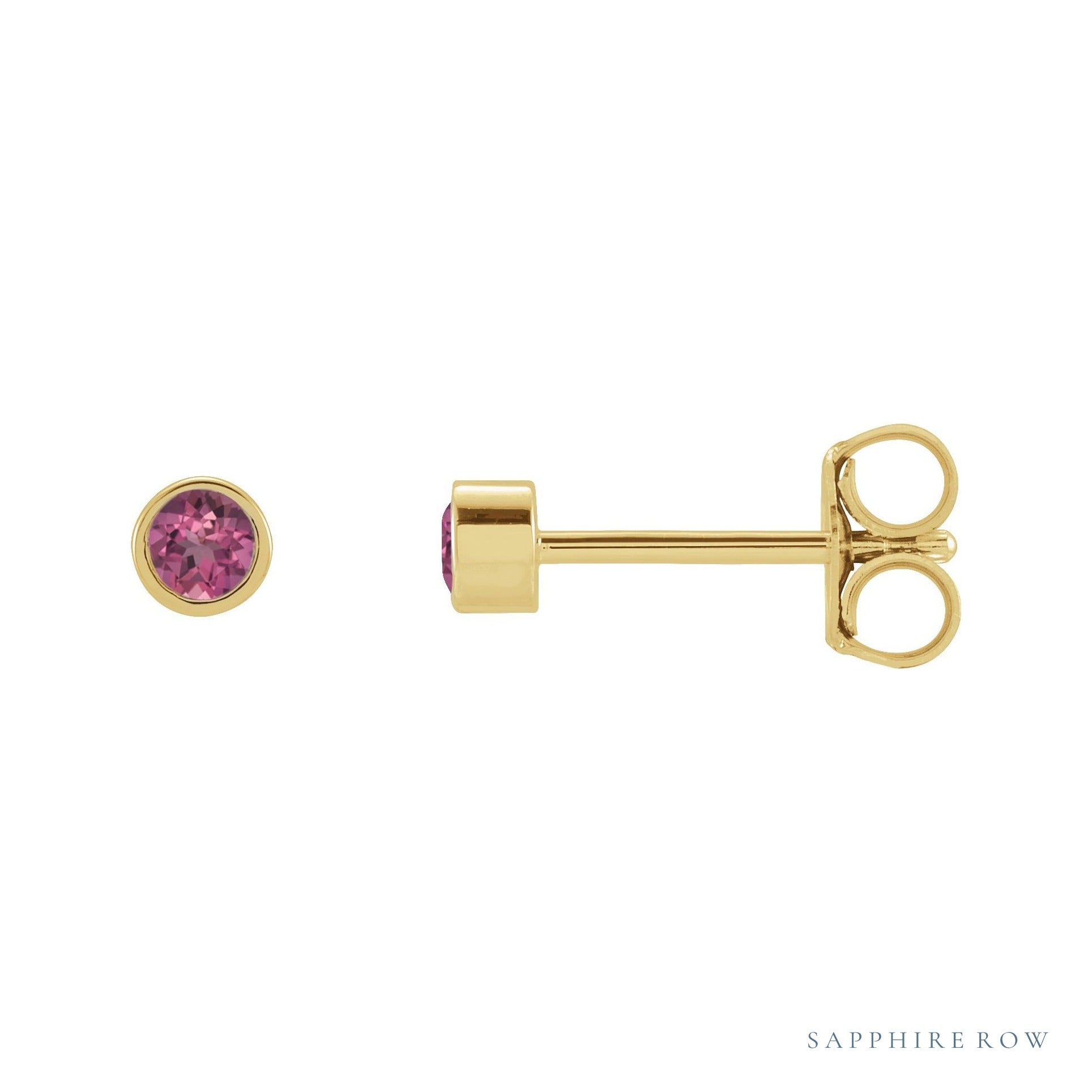 Sapphire Row Natural Gemstone Micro Bezel Studs - Pink Tourmaline, 14K Yellow Gold
