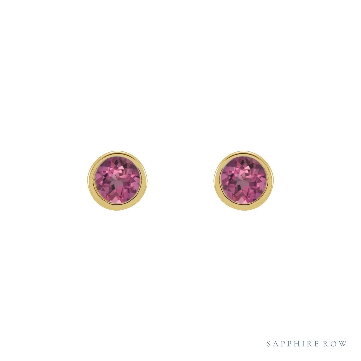 Sapphire Row Natural Gemstone Micro Bezel Studs - Pink Tourmaline, 14K Yellow Gold (view 2)