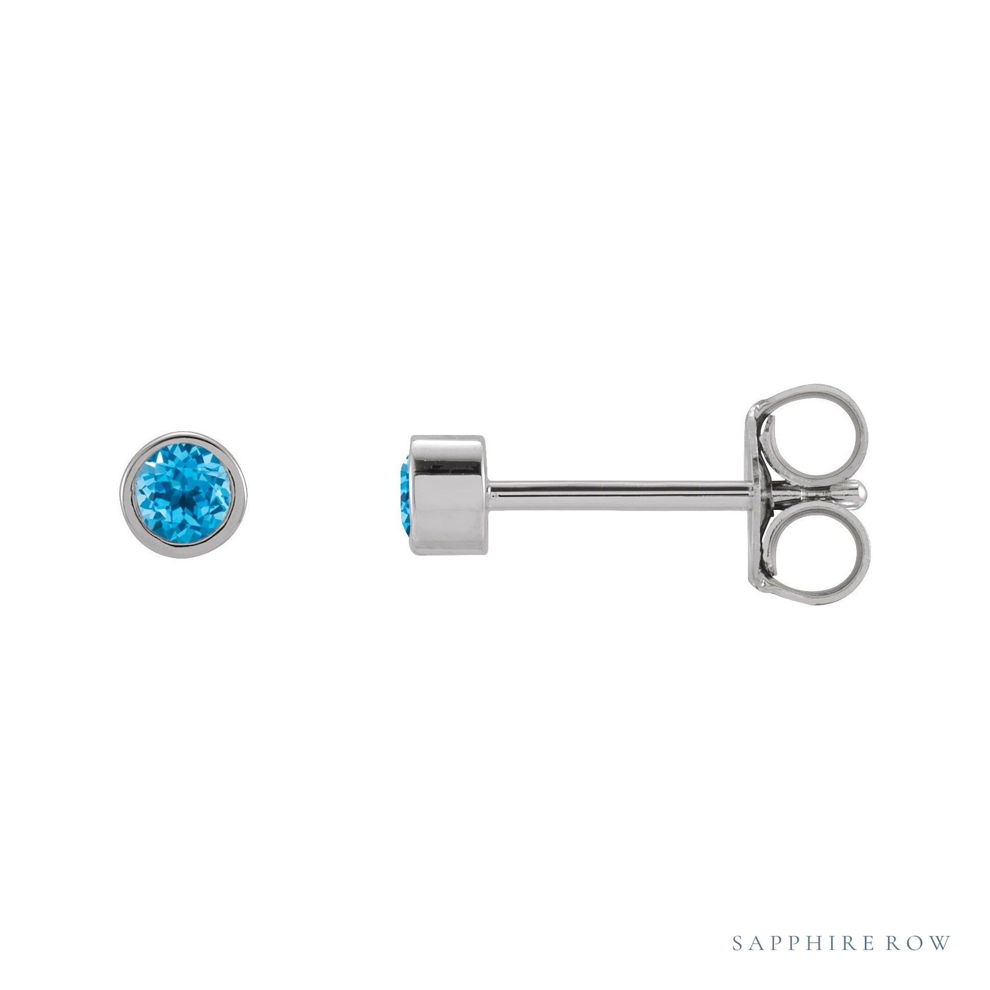 Sapphire Row Natural Gemstone Micro Bezel Studs - Swiss Blue Topaz, 14K White Gold