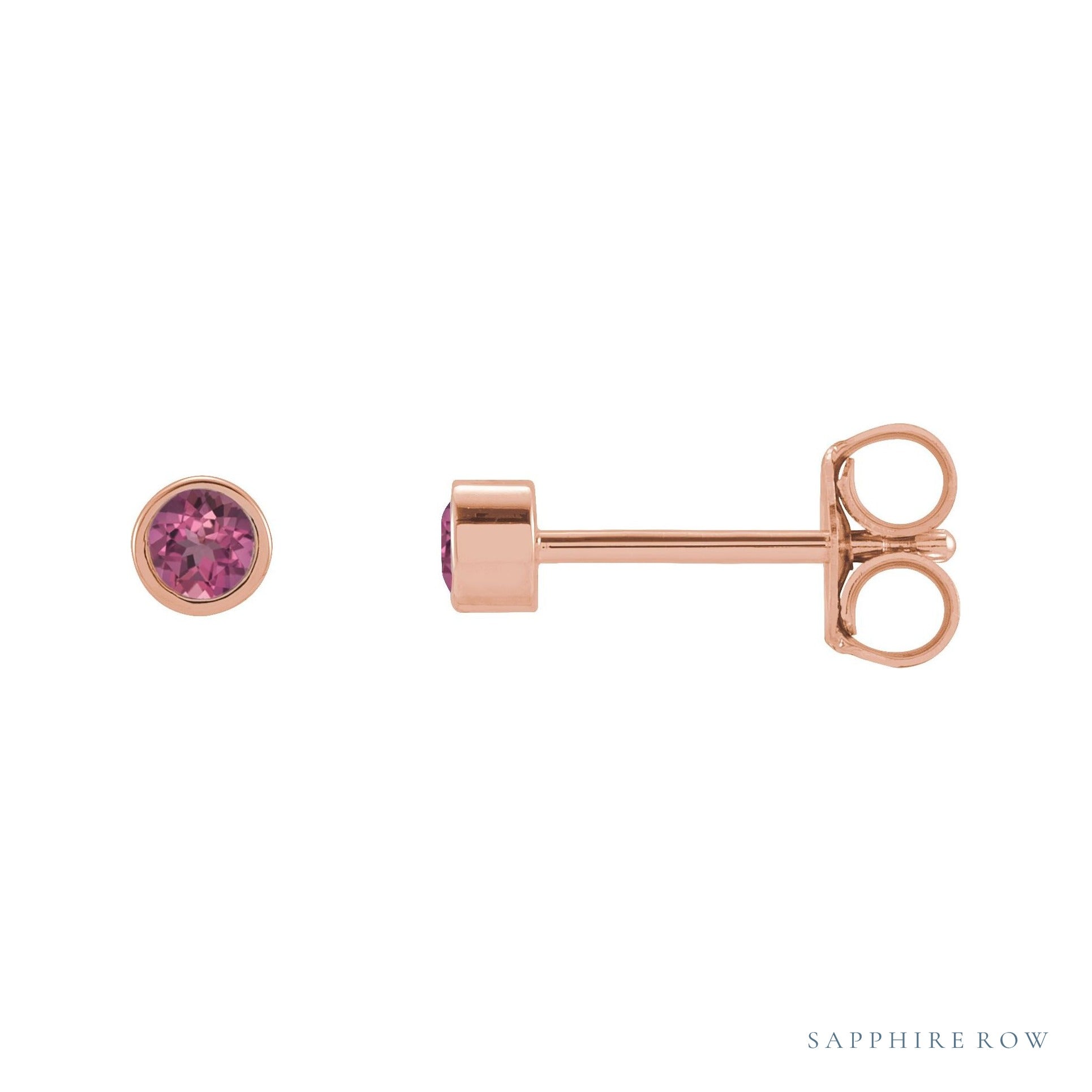 Sapphire Row Natural Gemstone Micro Bezel Studs - Pink Tourmaline, 14K Rose Gold