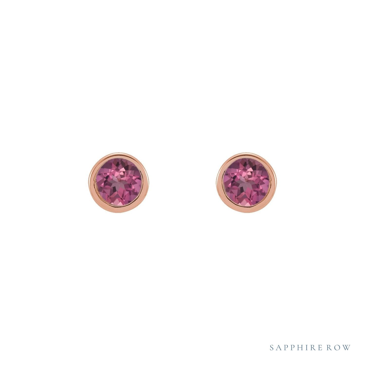 Sapphire Row Natural Gemstone Micro Bezel Studs - Pink Tourmaline, 14K Rose Gold (view 2)