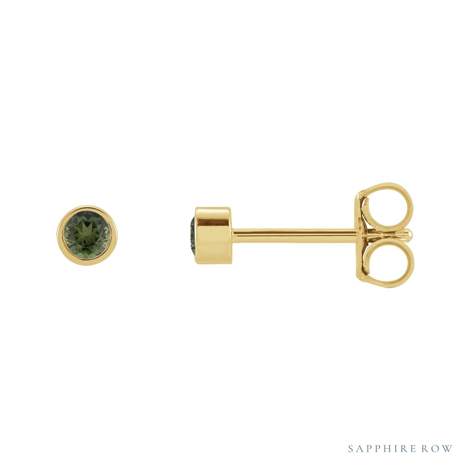 Sapphire Row Natural Gemstone Micro Bezel Studs - Green Tourmaline, 14K Yellow Gold
