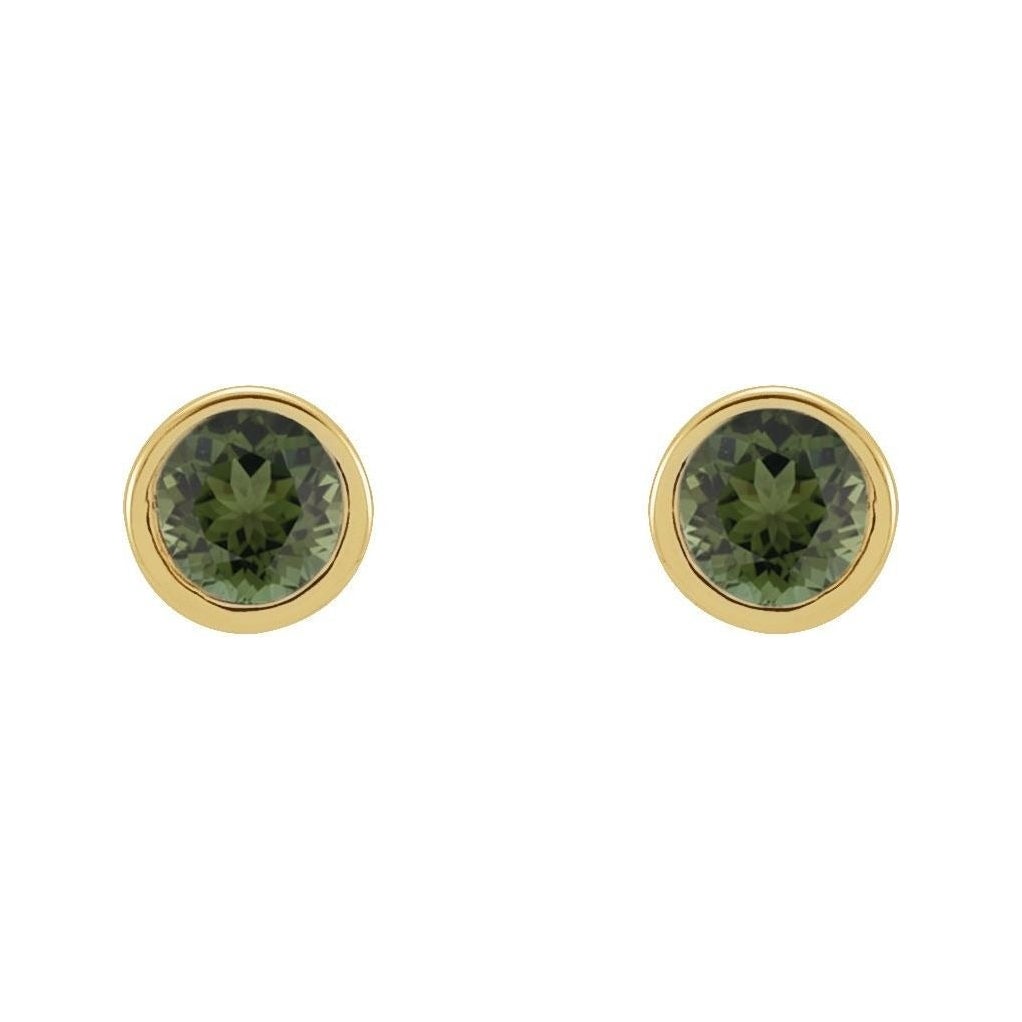 Sapphire Row Natural Gemstone Micro Bezel Studs - Green Tourmaline, 14K Yellow Gold (view 2)