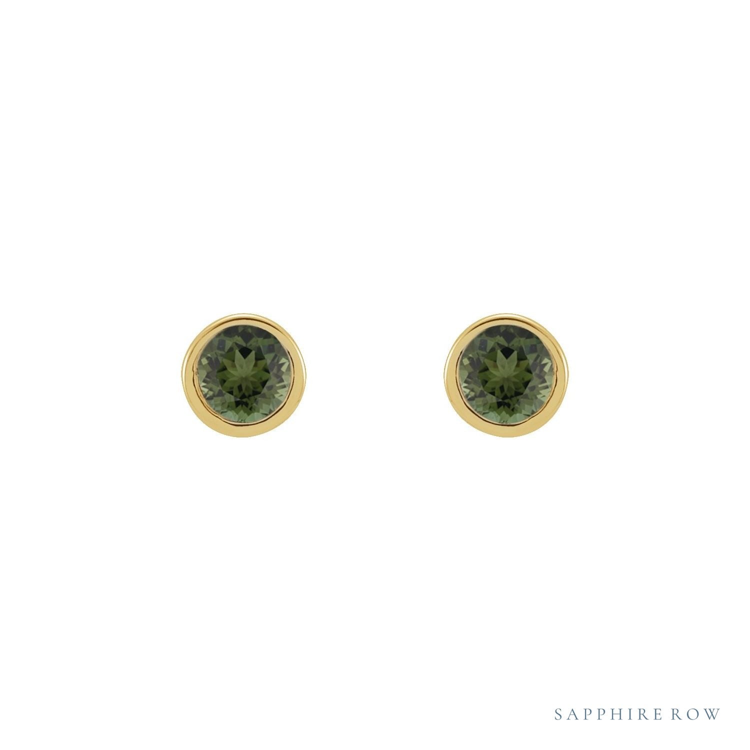 Sapphire Row Natural Gemstone Micro Bezel Studs - Green Tourmaline, 14K Yellow Gold (view 2)
