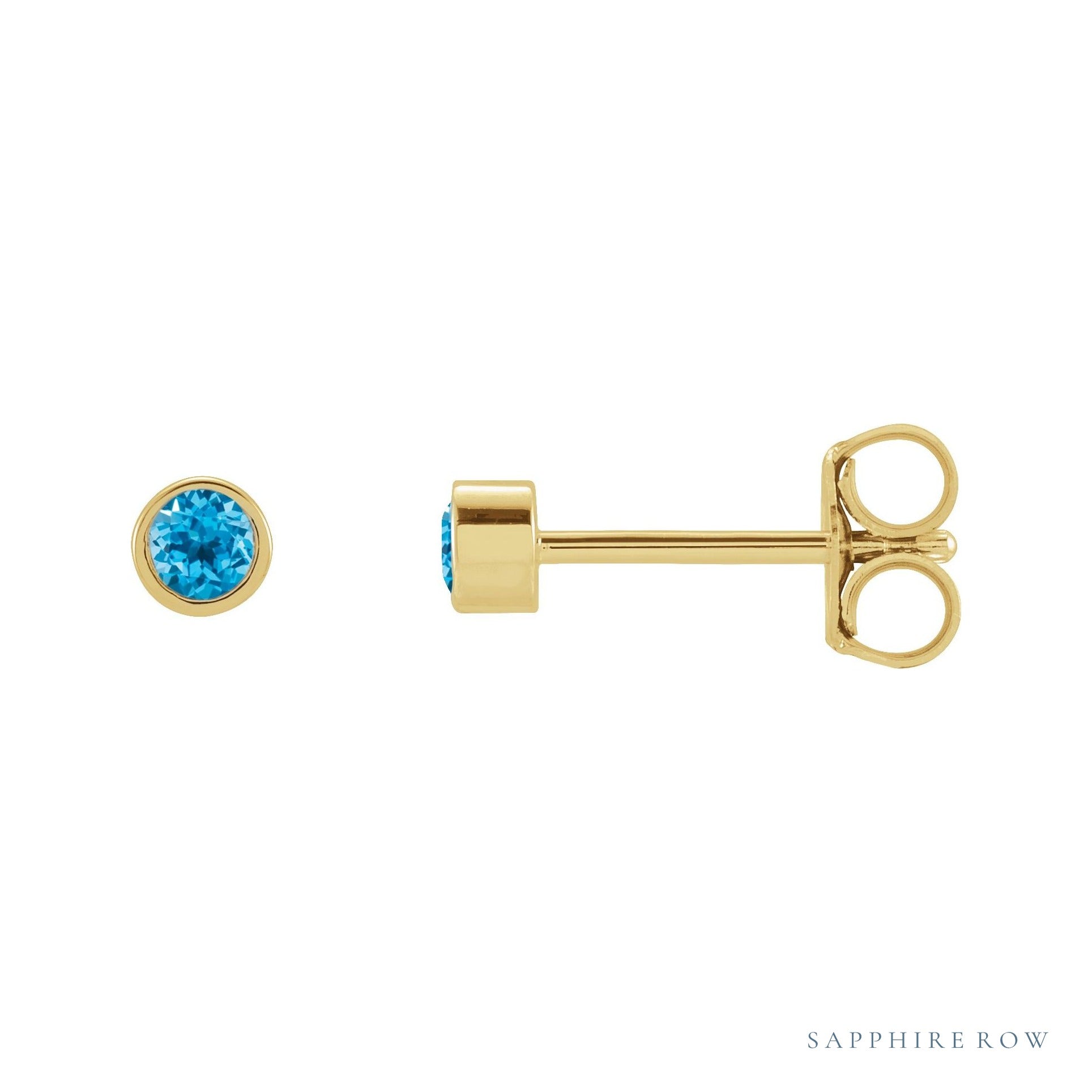 Sapphire Row Natural Gemstone Micro Bezel Studs - Swiss Blue Topaz, 14K Yellow Gold