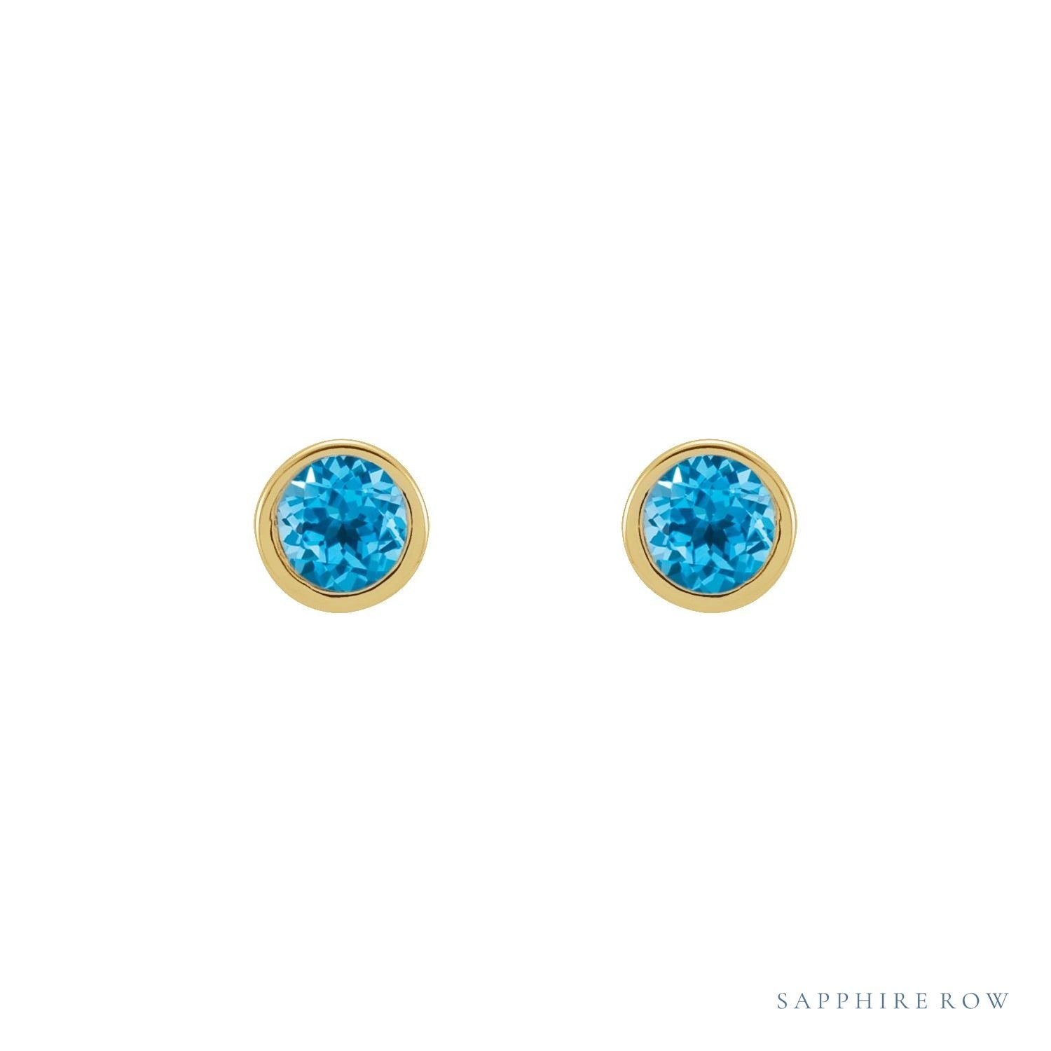 Sapphire Row Natural Gemstone Micro Bezel Studs - Swiss Blue Topaz, 14K Yellow Gold (view 2)