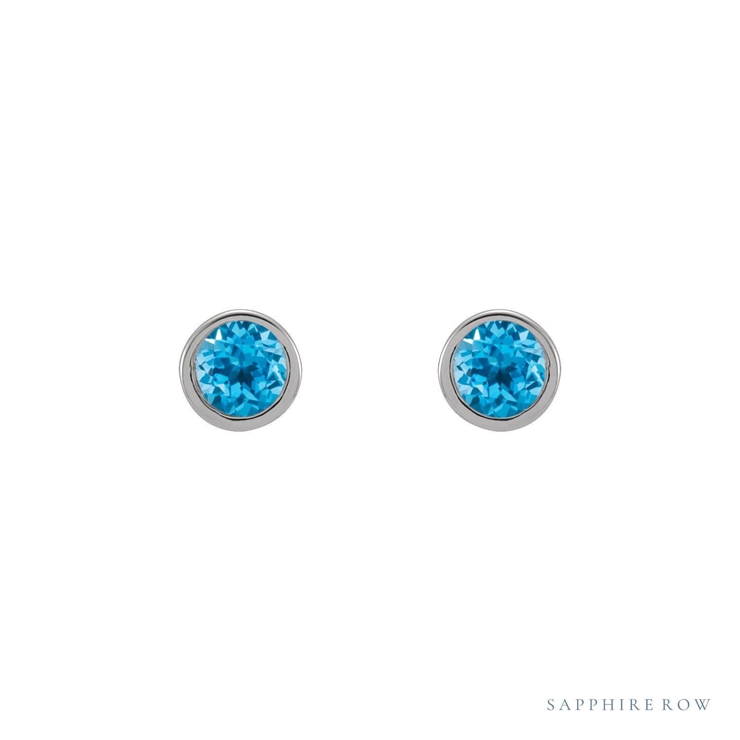 Sapphire Row Natural Gemstone Micro Bezel Studs - Swiss Blue Topaz, Platinum (view 2)