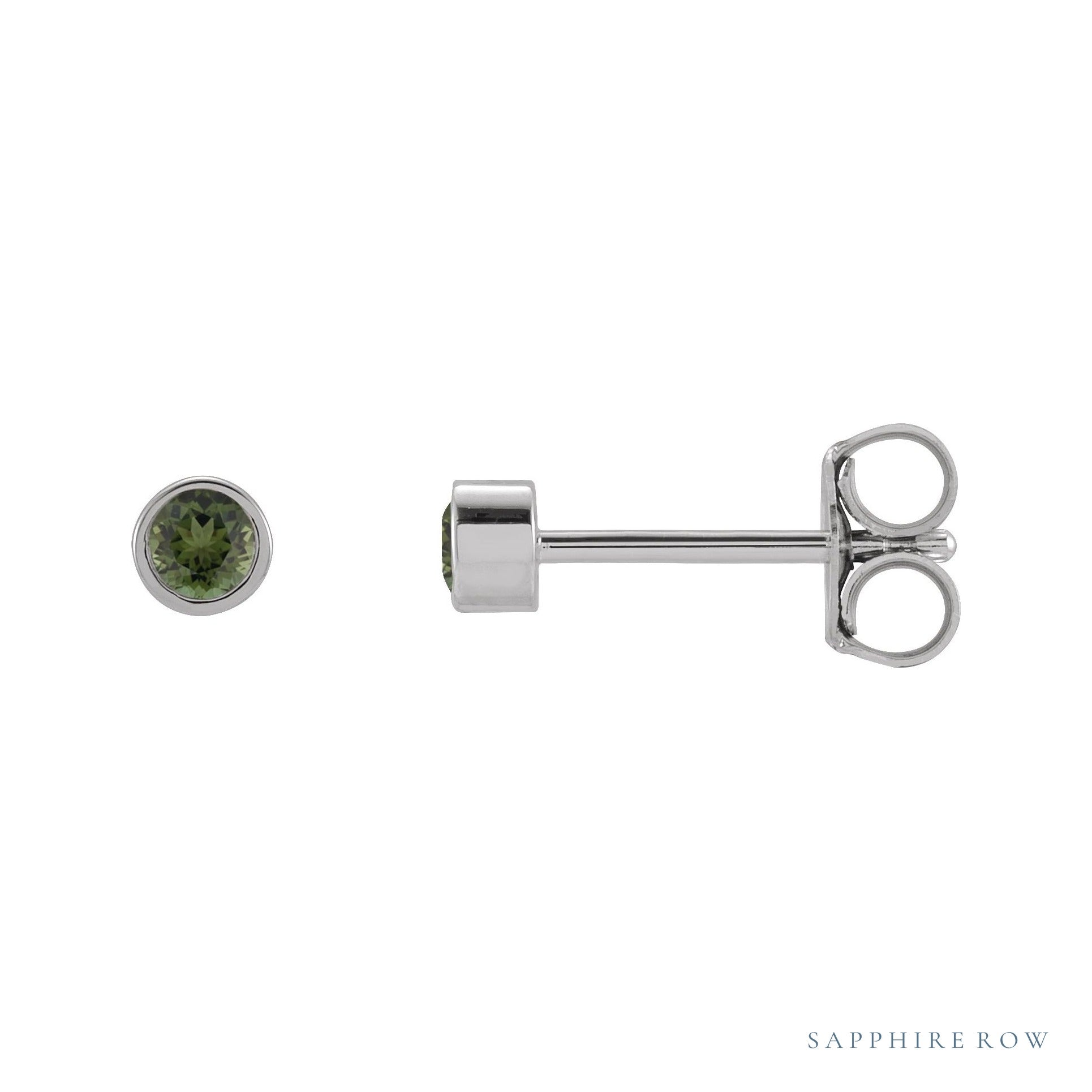 Sapphire Row Natural Gemstone Micro Bezel Studs - Green Tourmaline, 14K White Gold, 2.5 mm