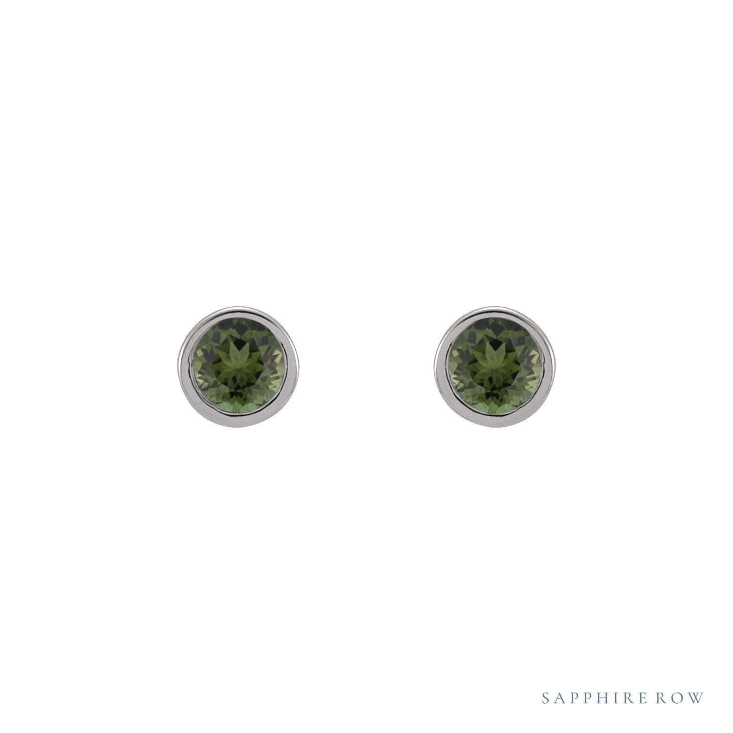 Sapphire Row Natural Gemstone Micro Bezel Studs - Green Tourmaline, 14K White Gold, 2.5 mm (view 2)