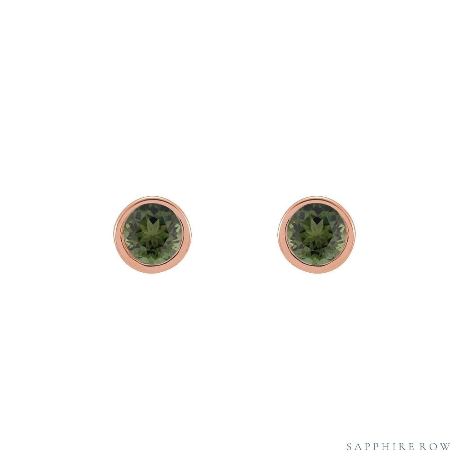Sapphire Row Natural Gemstone Micro Bezel Studs - Green Tourmaline, 14K Rose Gold, 2 mm (view 2)