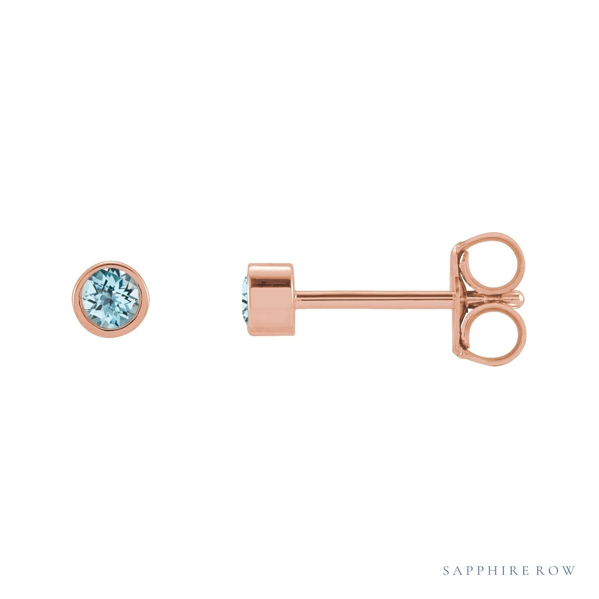 Sapphire Row Natural Gemstone Micro Bezel Studs - Sky Blue Topaz, 14K Rose Gold, 2.5 mm