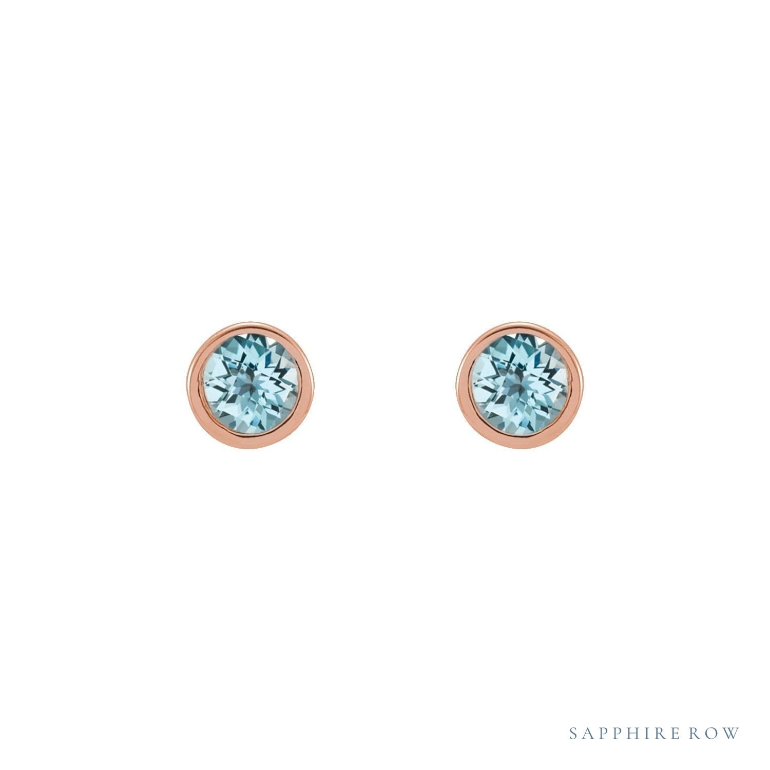 Sapphire Row Natural Gemstone Micro Bezel Studs - Sky Blue Topaz, 14K Rose Gold, 2.5 mm (view 2)