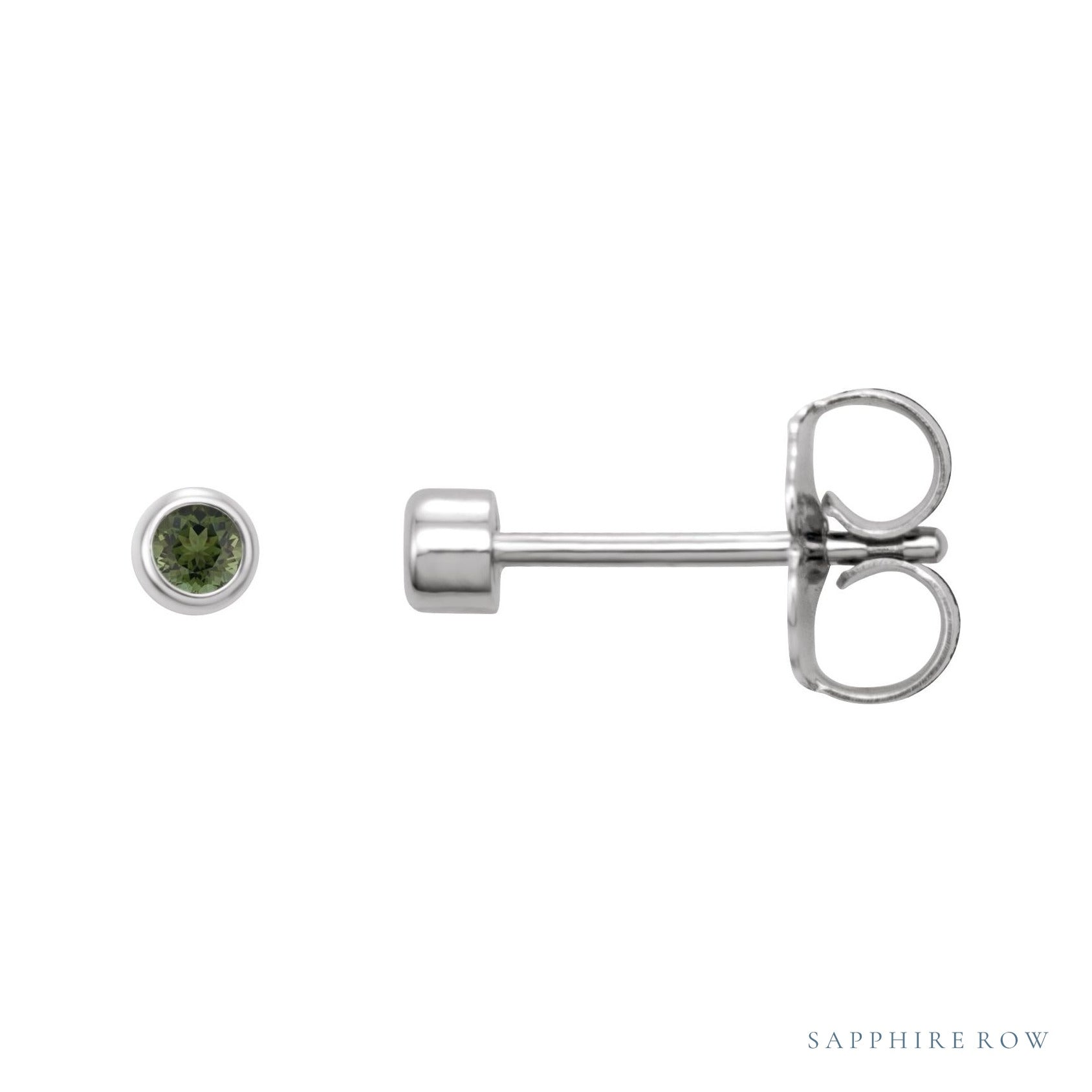 Sapphire Row Natural Gemstone Micro Bezel Studs - Green Tourmaline, 14K White Gold, 2 mm