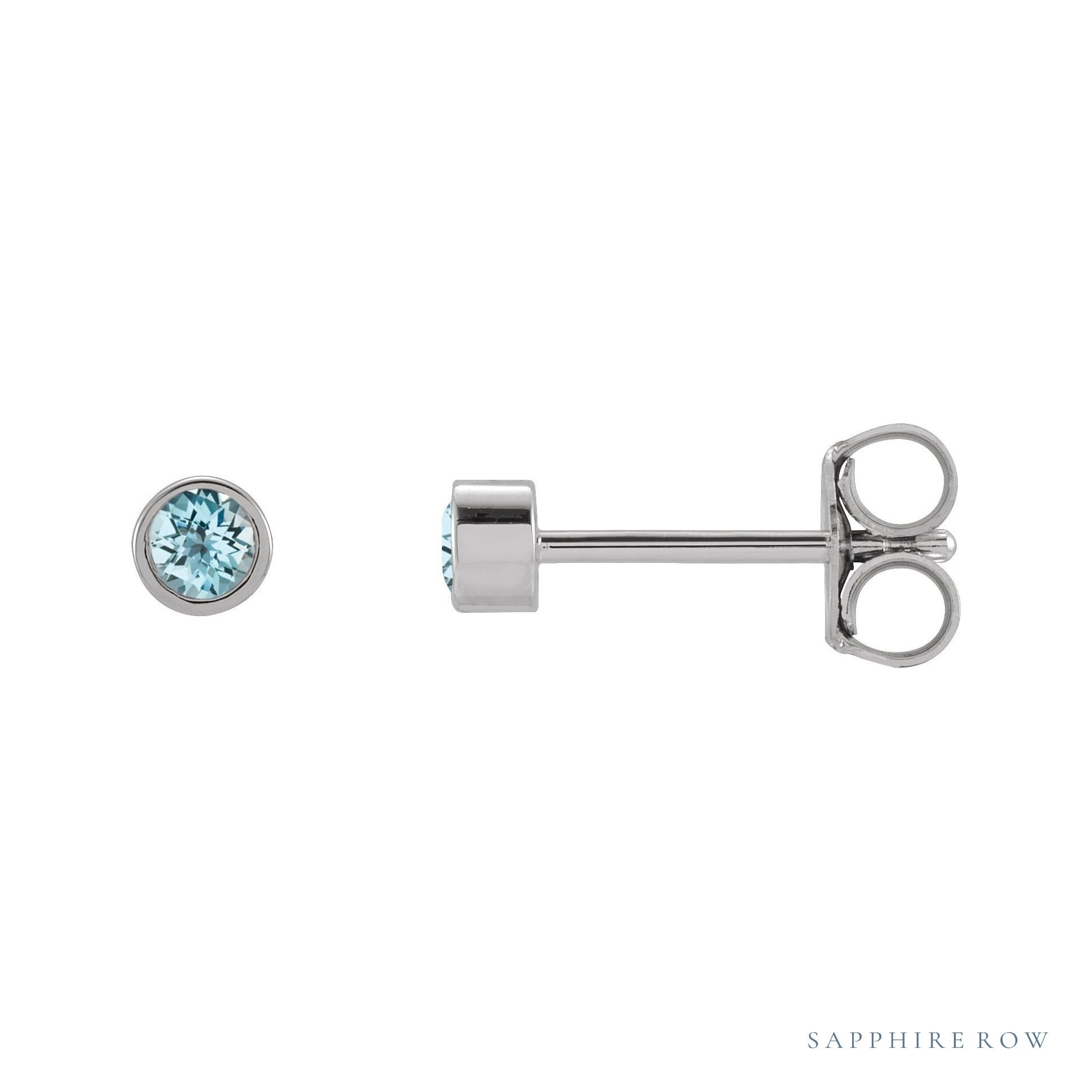 Sapphire Row Natural Gemstone Micro Bezel Studs - Sky Blue Topaz, 14K White Gold, 2.5 mm