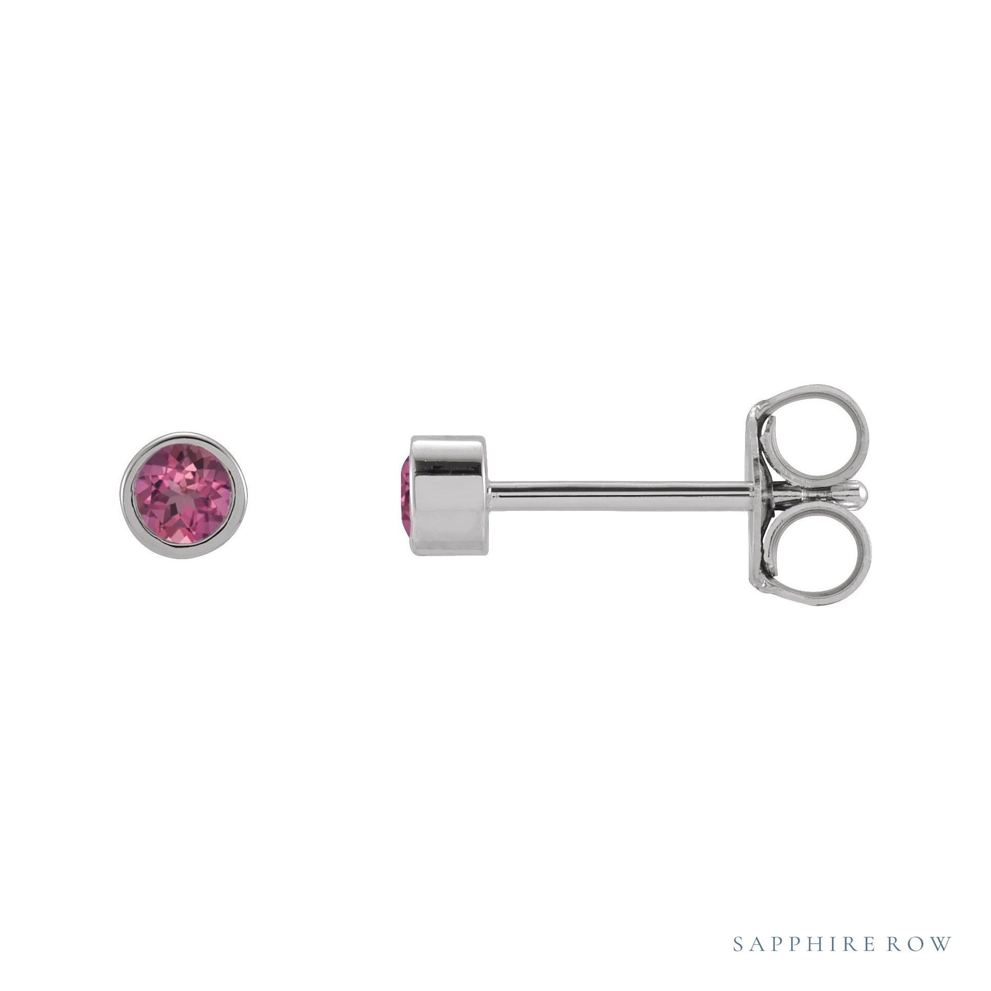 Sapphire Row Natural Gemstone Micro Bezel Studs - Pink Tourmaline, 14K White Gold