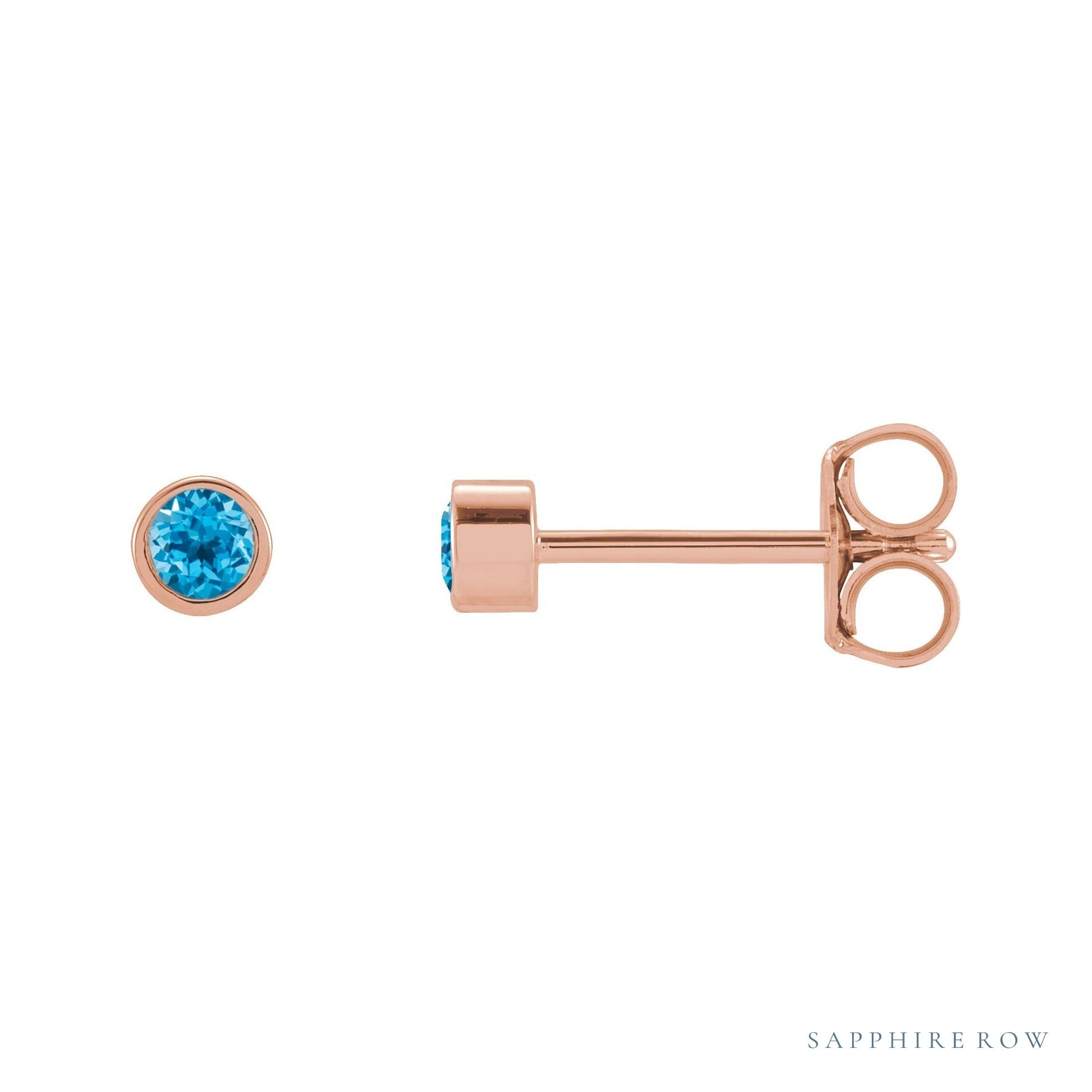 Sapphire Row Natural Gemstone Micro Bezel Studs - Swiss Blue Topaz, 14K Rose Gold