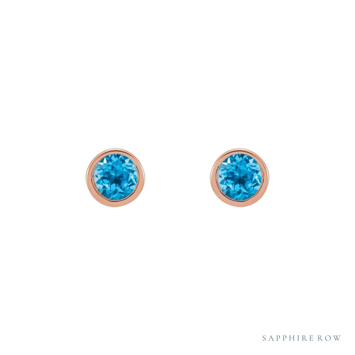 Sapphire Row Natural Gemstone Micro Bezel Studs - Swiss Blue Topaz, 14K Rose Gold (view 2)