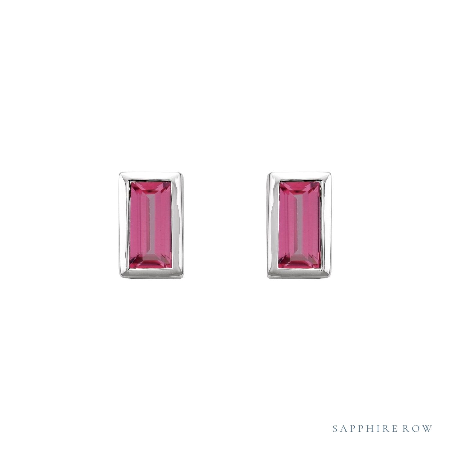 Sapphire Row Natural Gemstone Baguette Studs - Pink Tourmaline, Platinum (view 2)