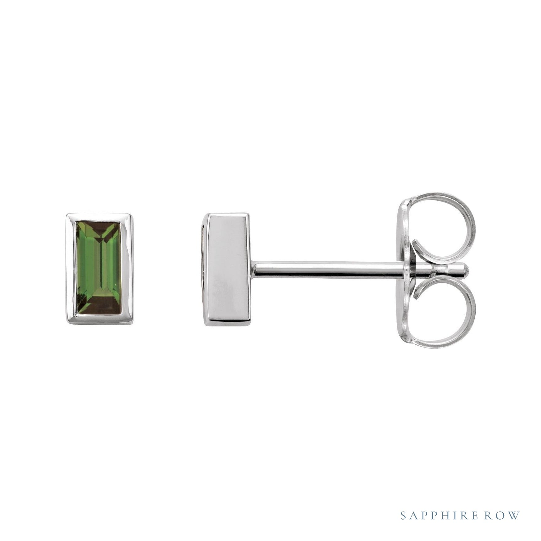 Sapphire Row Natural Gemstone Baguette Studs - Green Tourmaline, Platinum