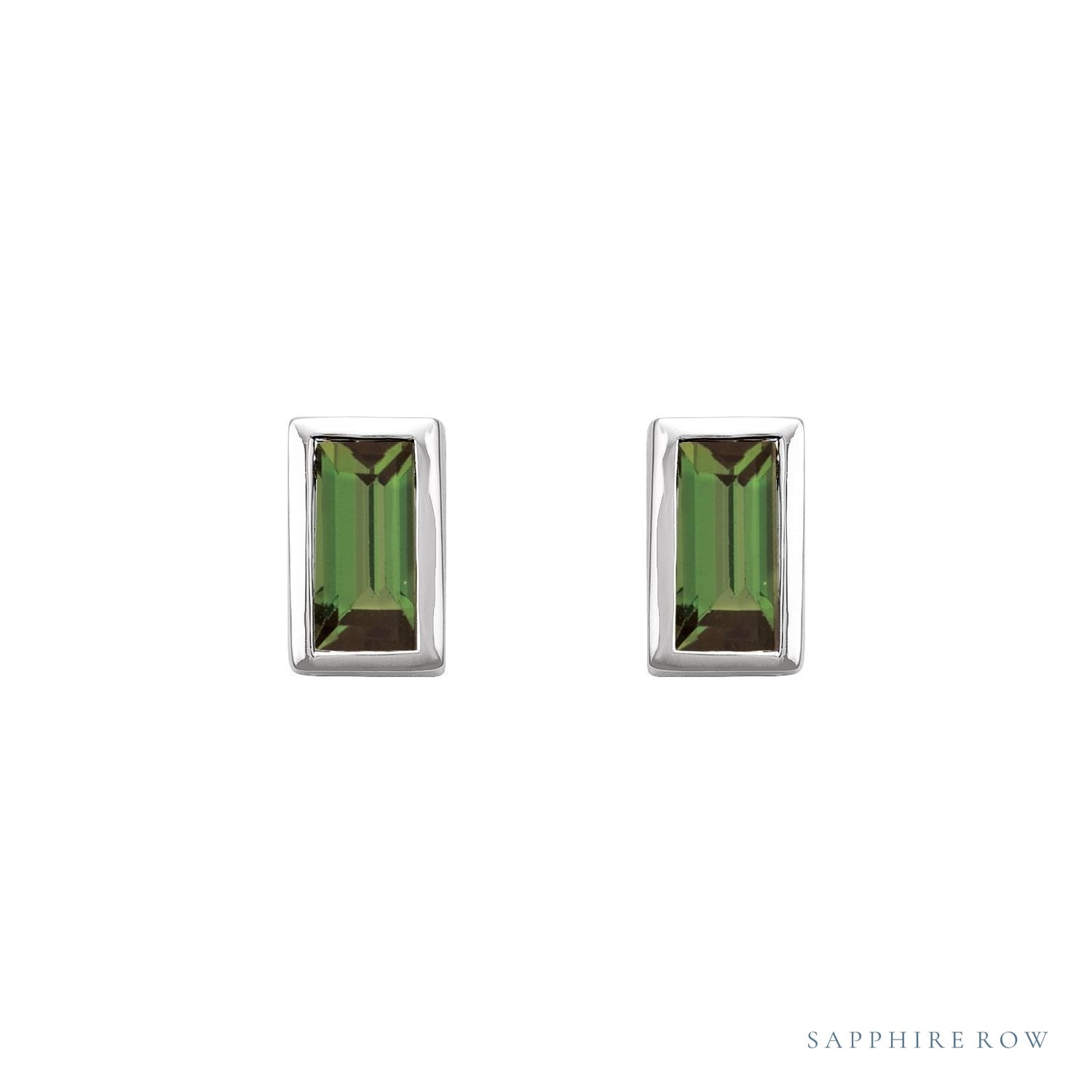 Sapphire Row Natural Gemstone Baguette Studs - Green Tourmaline, Platinum (view 2)