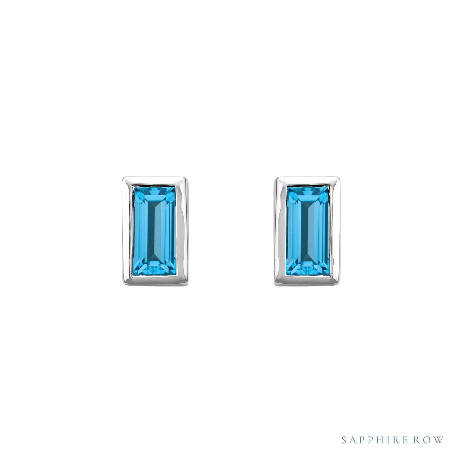 Sapphire Row Natural Gemstone Baguette Studs - Swiss Blue Topaz, Platinum (view 2)