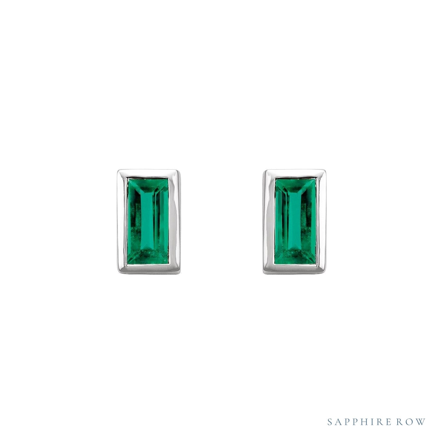 Sapphire Row Natural Gemstone Baguette Studs - Emerald, Platinum (view 2)