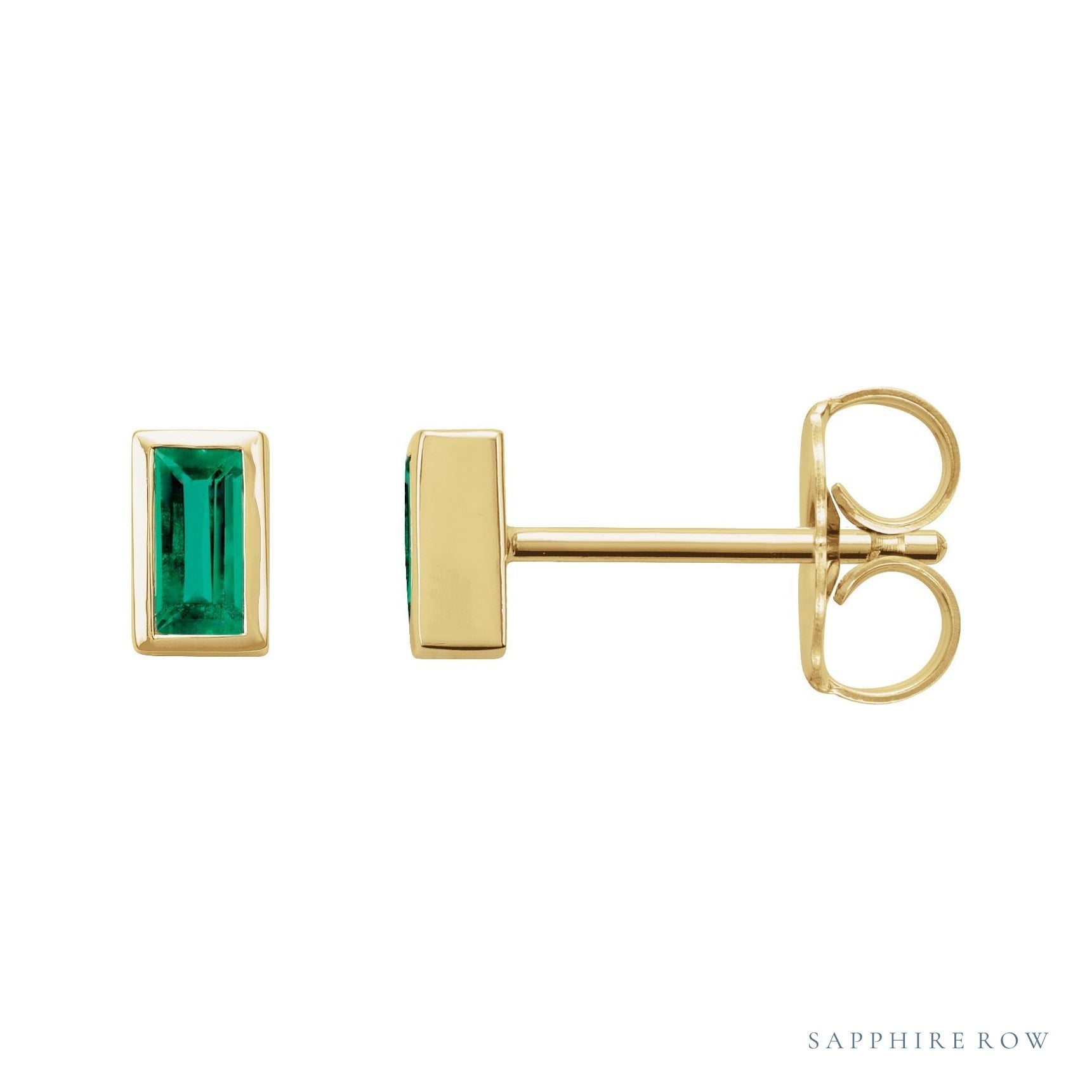 Sapphire Row Natural Gemstone Baguette Studs - Emerald, 14K Yellow Gold