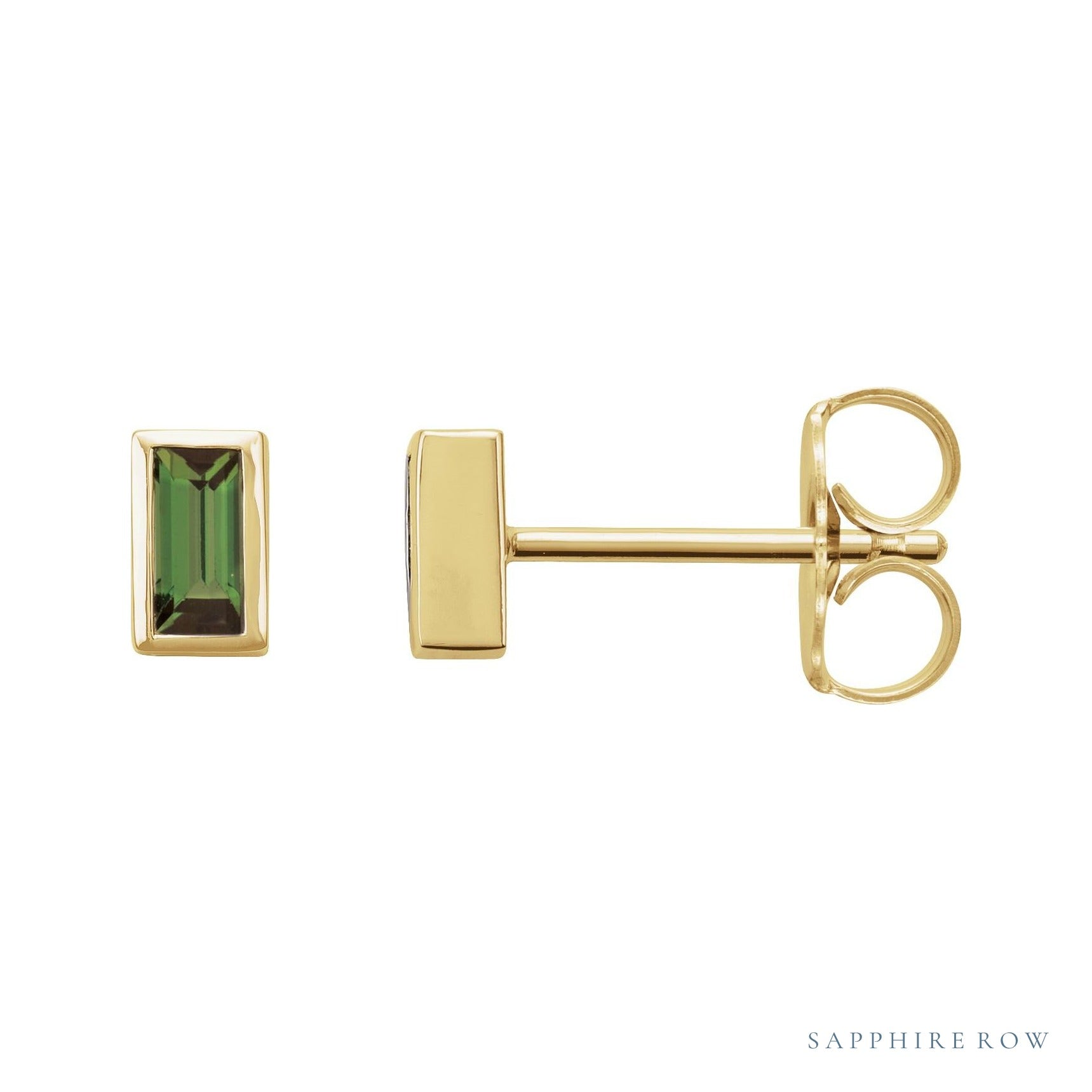 Sapphire Row Natural Gemstone Baguette Studs - Green Tourmaline, 14K Yellow Gold