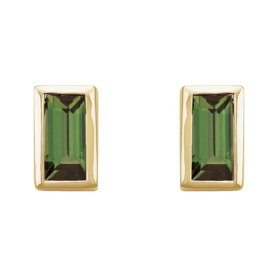 Sapphire Row Natural Gemstone Baguette Studs - Green Tourmaline, 14K Yellow Gold (view 2)
