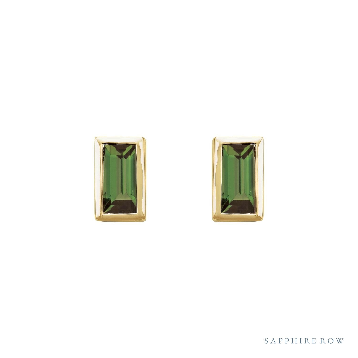 Sapphire Row Natural Gemstone Baguette Studs - Green Tourmaline, 14K Yellow Gold (view 2)