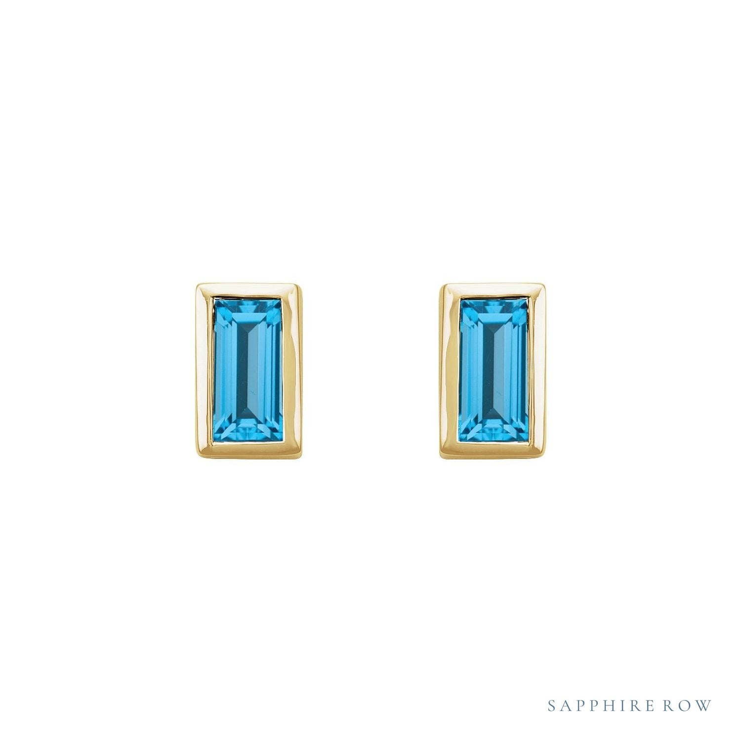 Sapphire Row Natural Gemstone Baguette Studs - Swiss Blue Topaz, 14K Yellow Gold (view 2)