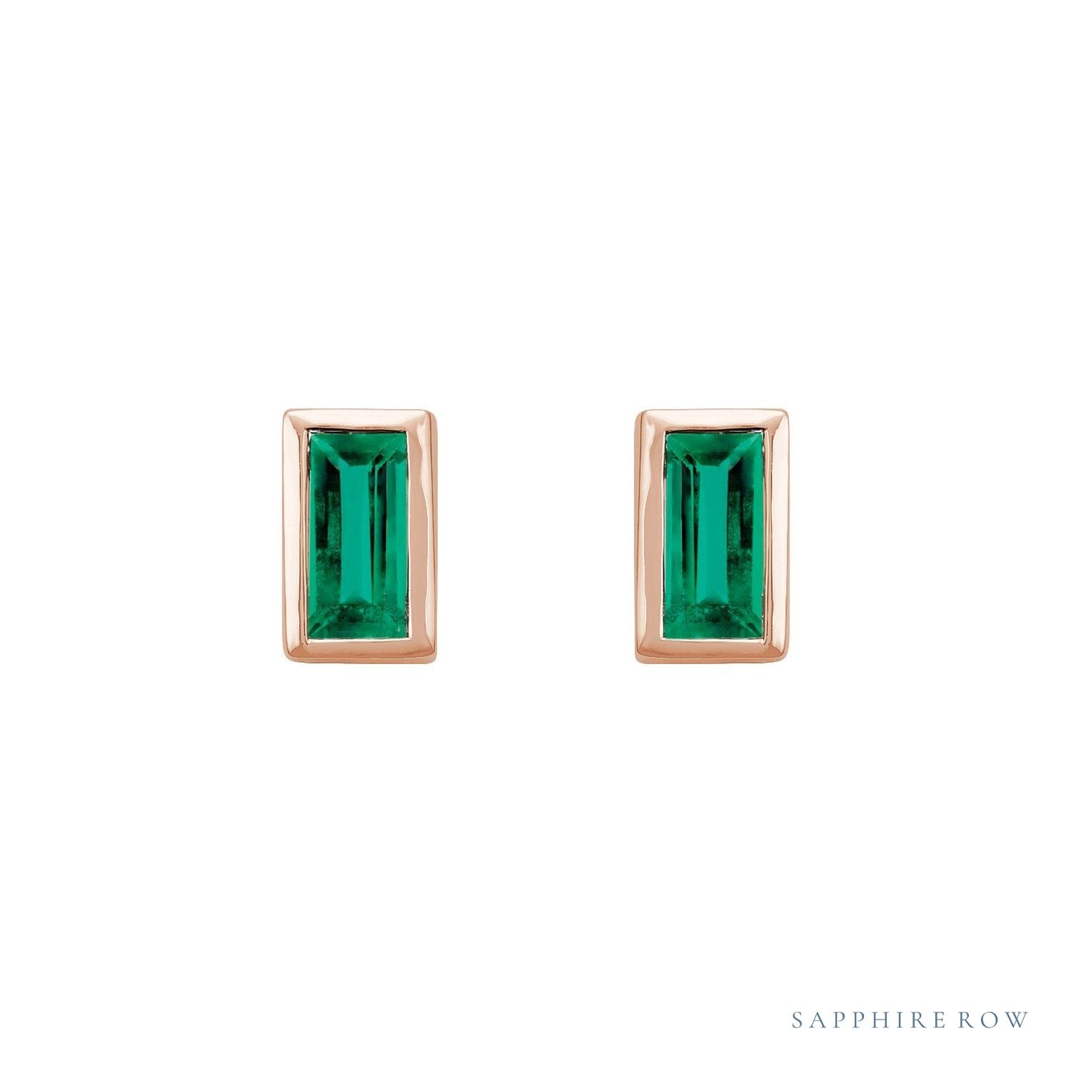 Sapphire Row Natural Gemstone Baguette Studs - Emerald, 14K Rose Gold (view 2)