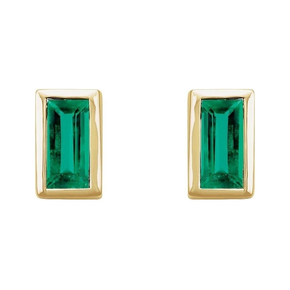 Sapphire Row Natural Gemstone Baguette Studs - Emerald, 14K Yellow Gold (view 2)
