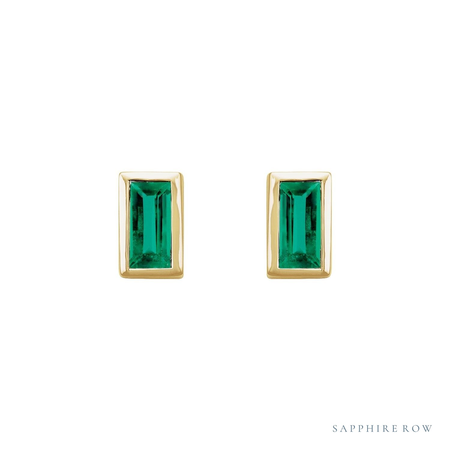 Sapphire Row Natural Gemstone Baguette Studs - Emerald, 14K Yellow Gold (view 2)