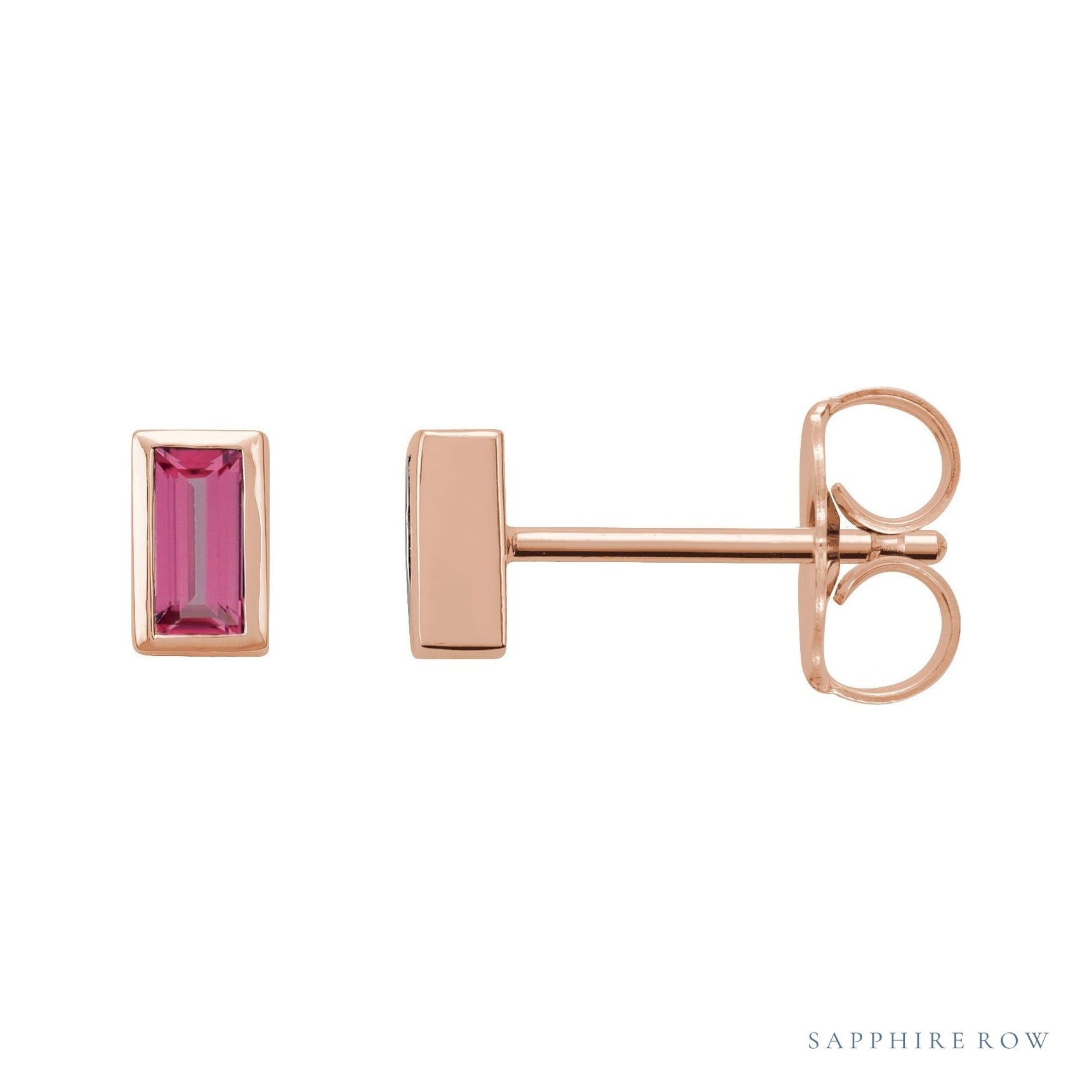 Sapphire Row Natural Gemstone Baguette Studs - Pink Tourmaline, 14K Rose Gold