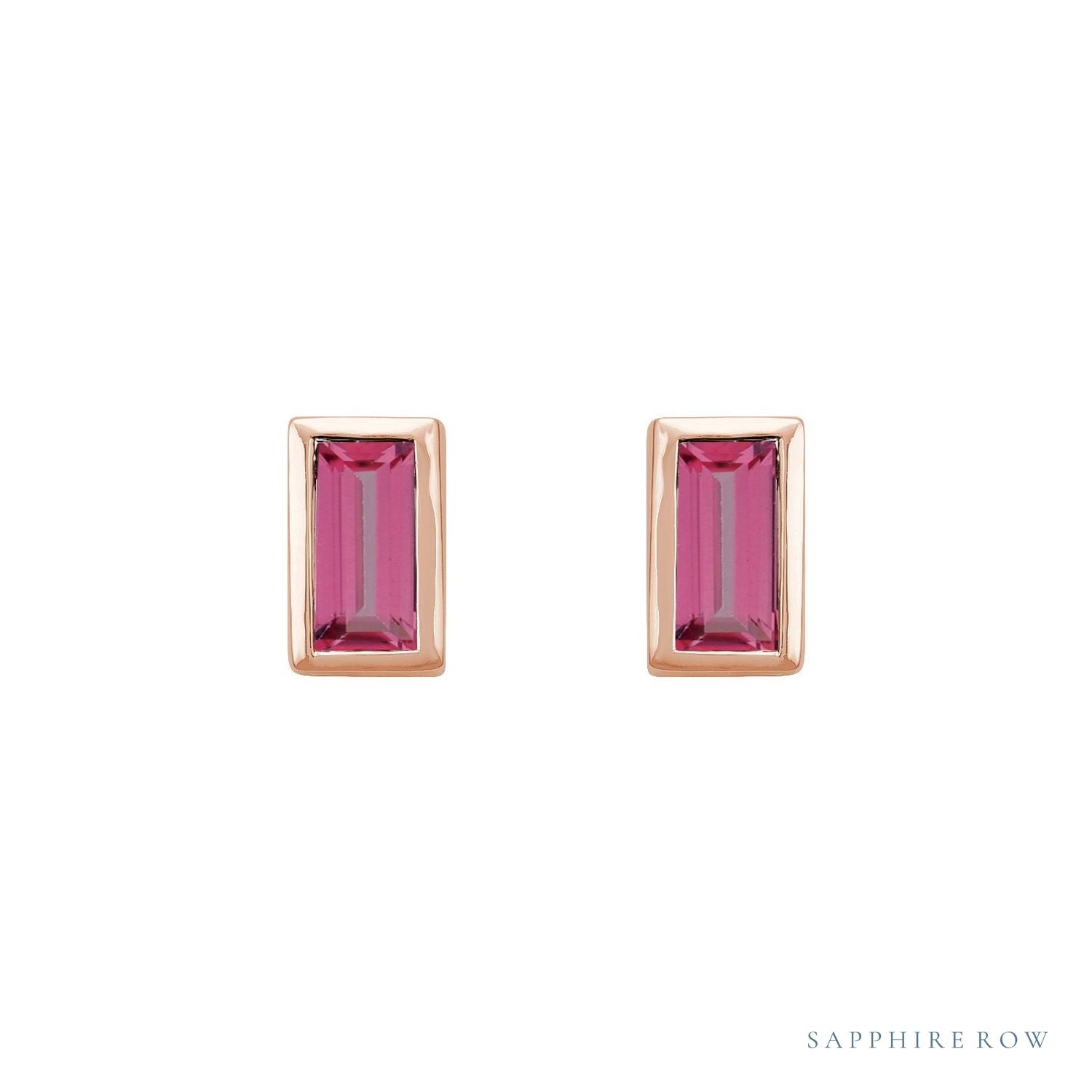 Sapphire Row Natural Gemstone Baguette Studs - Pink Tourmaline, 14K Rose Gold (view 2)