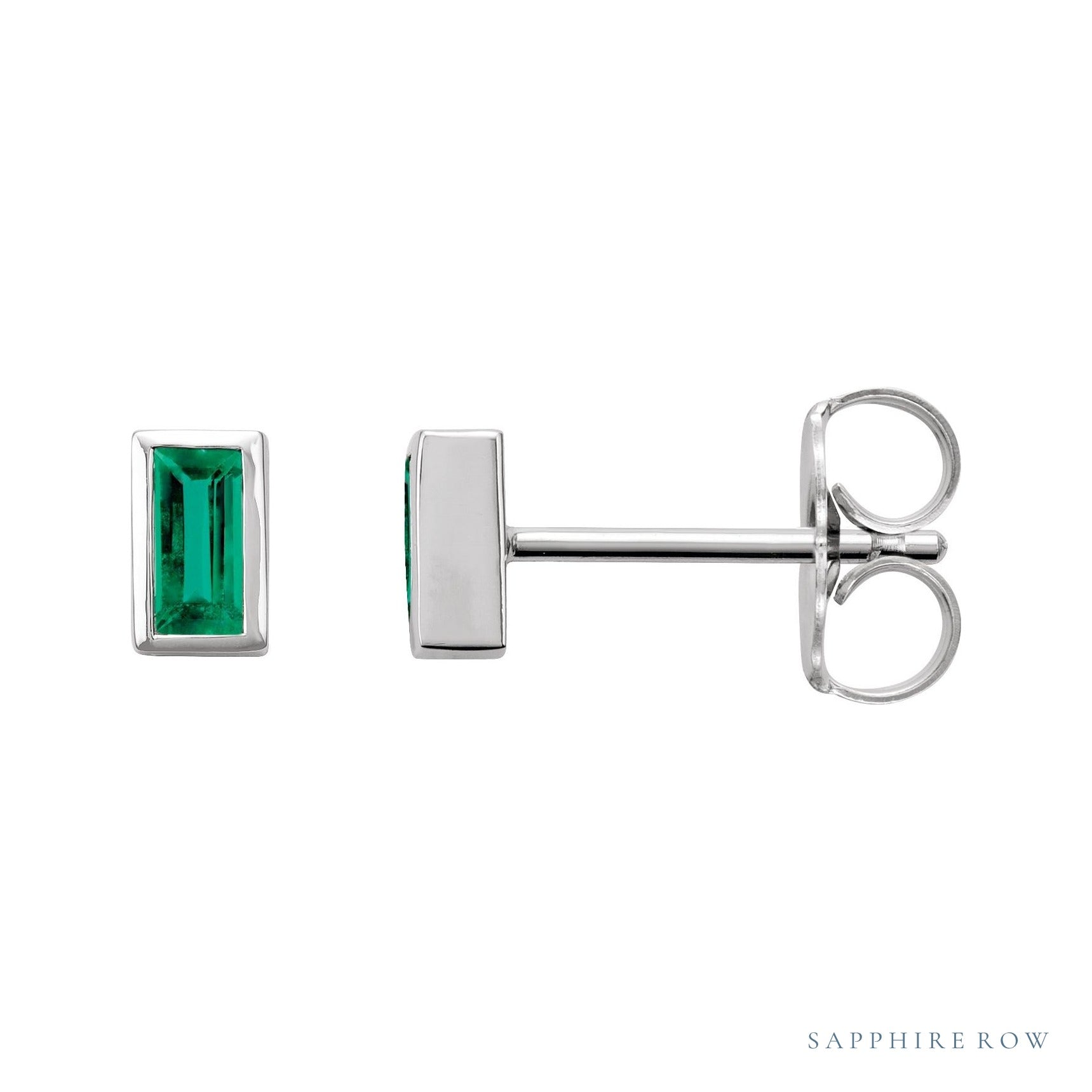 Sapphire Row Natural Gemstone Baguette Studs - Emerald, 14K White Gold