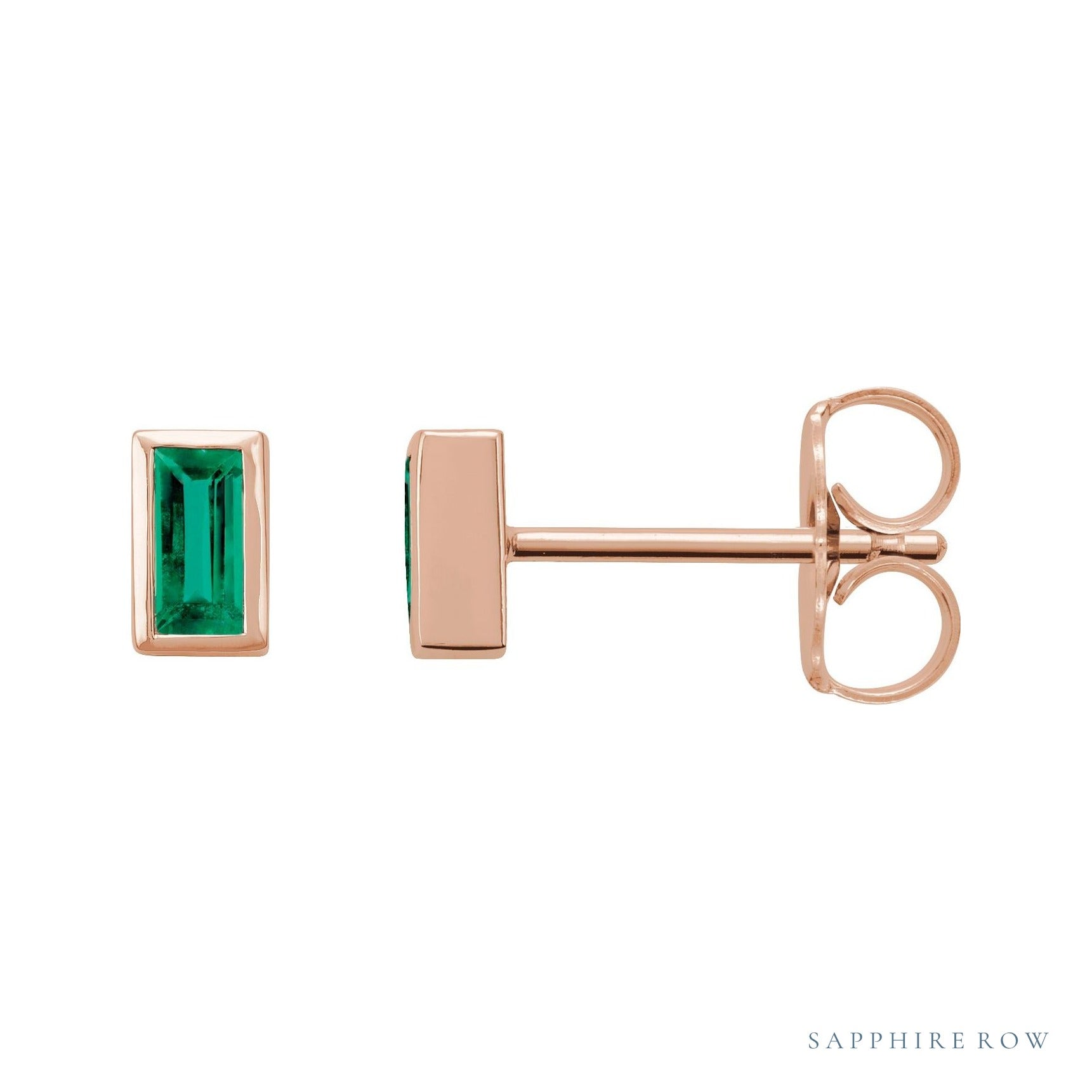 Sapphire Row Natural Gemstone Baguette Studs - Emerald, 14K Rose Gold
