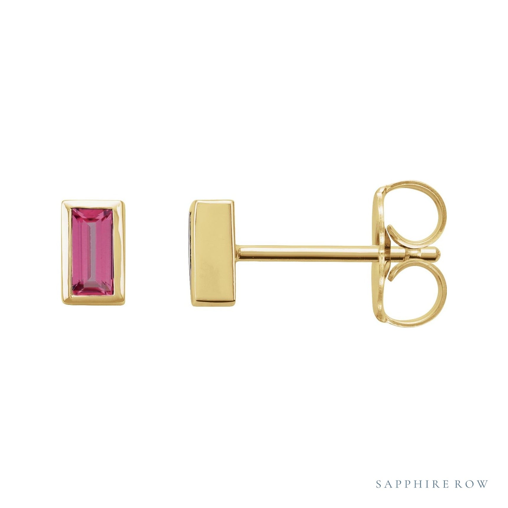 Sapphire Row Natural Gemstone Baguette Studs - Pink Tourmaline, 14K Yellow Gold