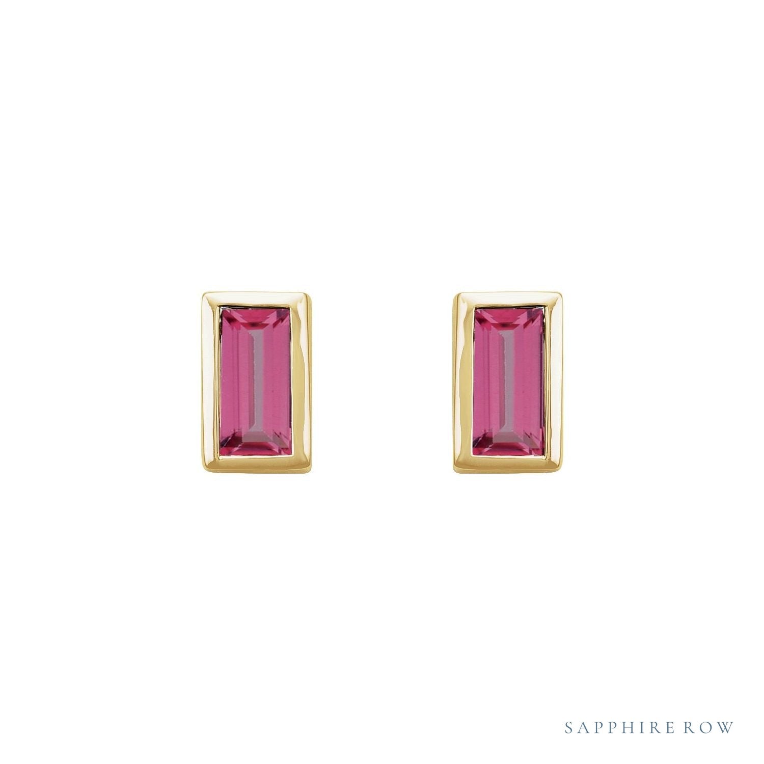 Sapphire Row Natural Gemstone Baguette Studs - Pink Tourmaline, 14K Yellow Gold (view 2)