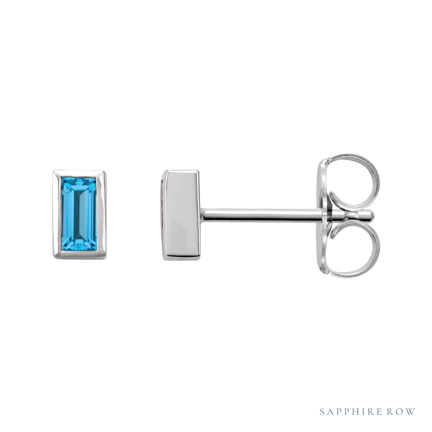 Sapphire Row Natural Gemstone Baguette Studs - Swiss Blue Topaz, 14K White Gold