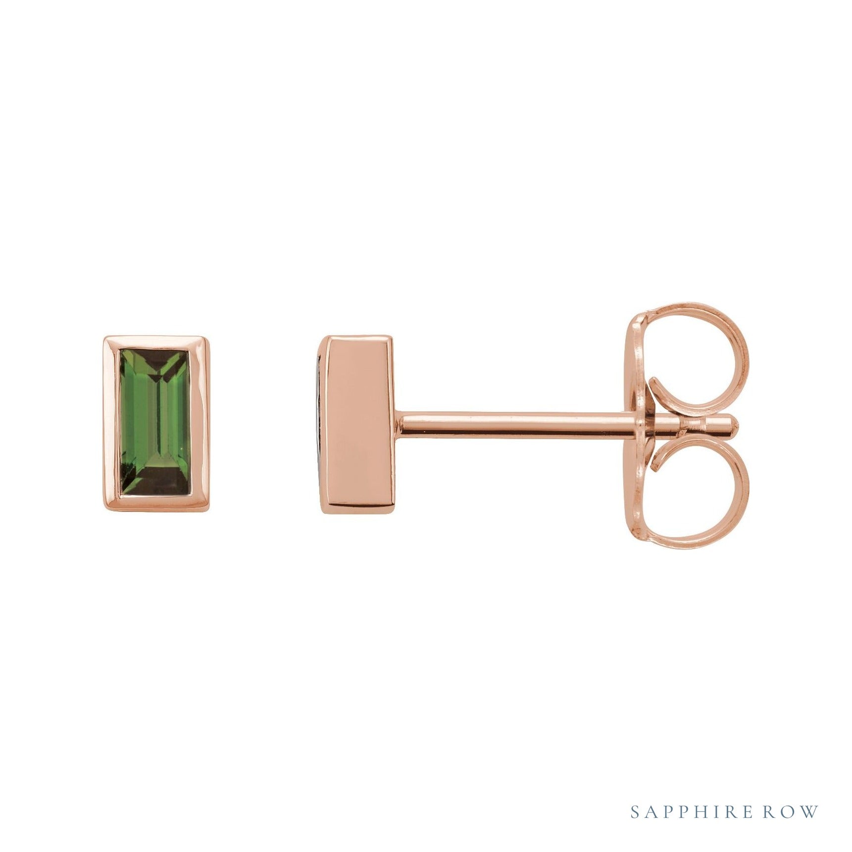 Sapphire Row Natural Gemstone Baguette Studs - Green Tourmaline, 14K Rose Gold