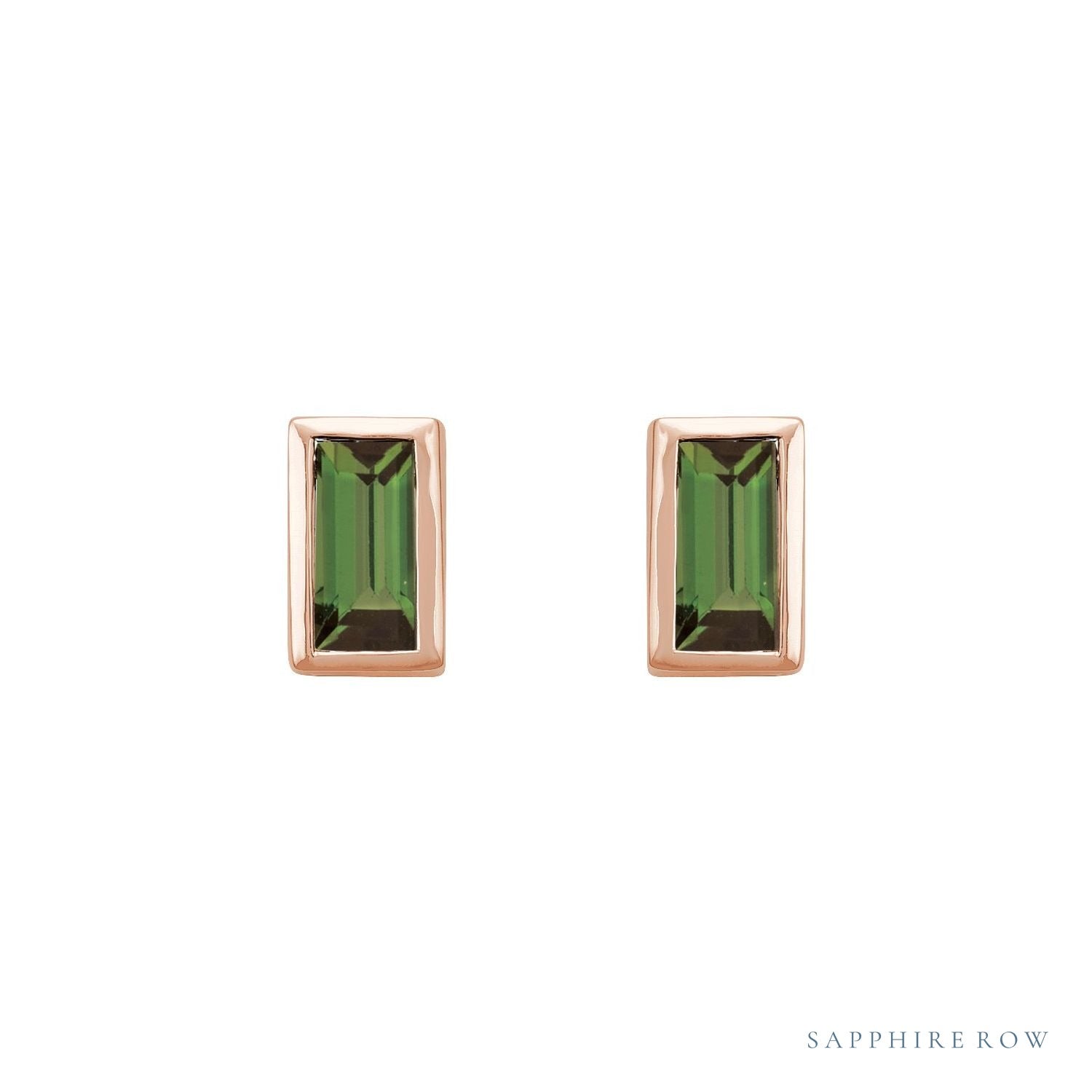 Sapphire Row Natural Gemstone Baguette Studs - Green Tourmaline, 14K Rose Gold (view 2)