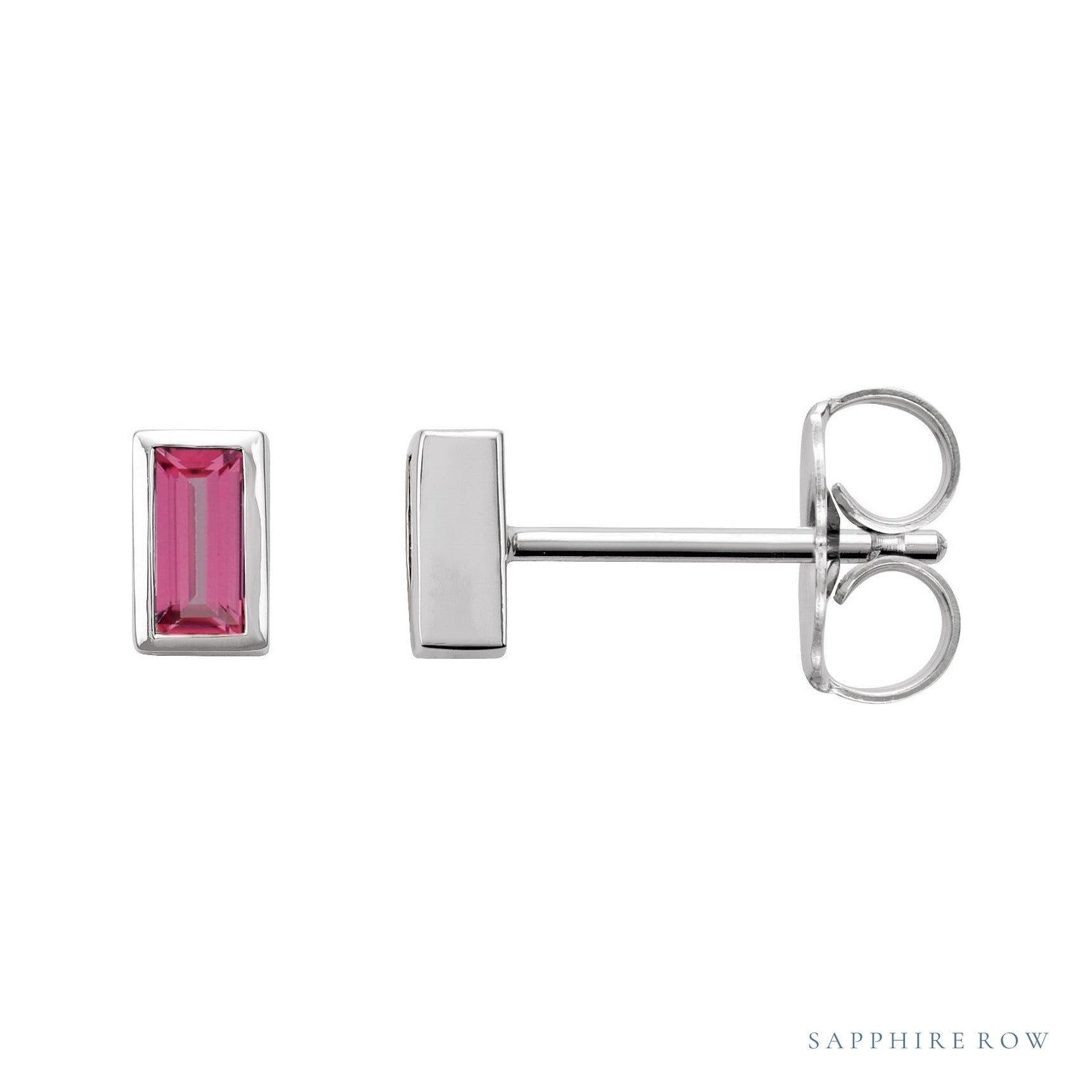 Sapphire Row Natural Gemstone Baguette Studs - Pink Tourmaline, 14K White Gold