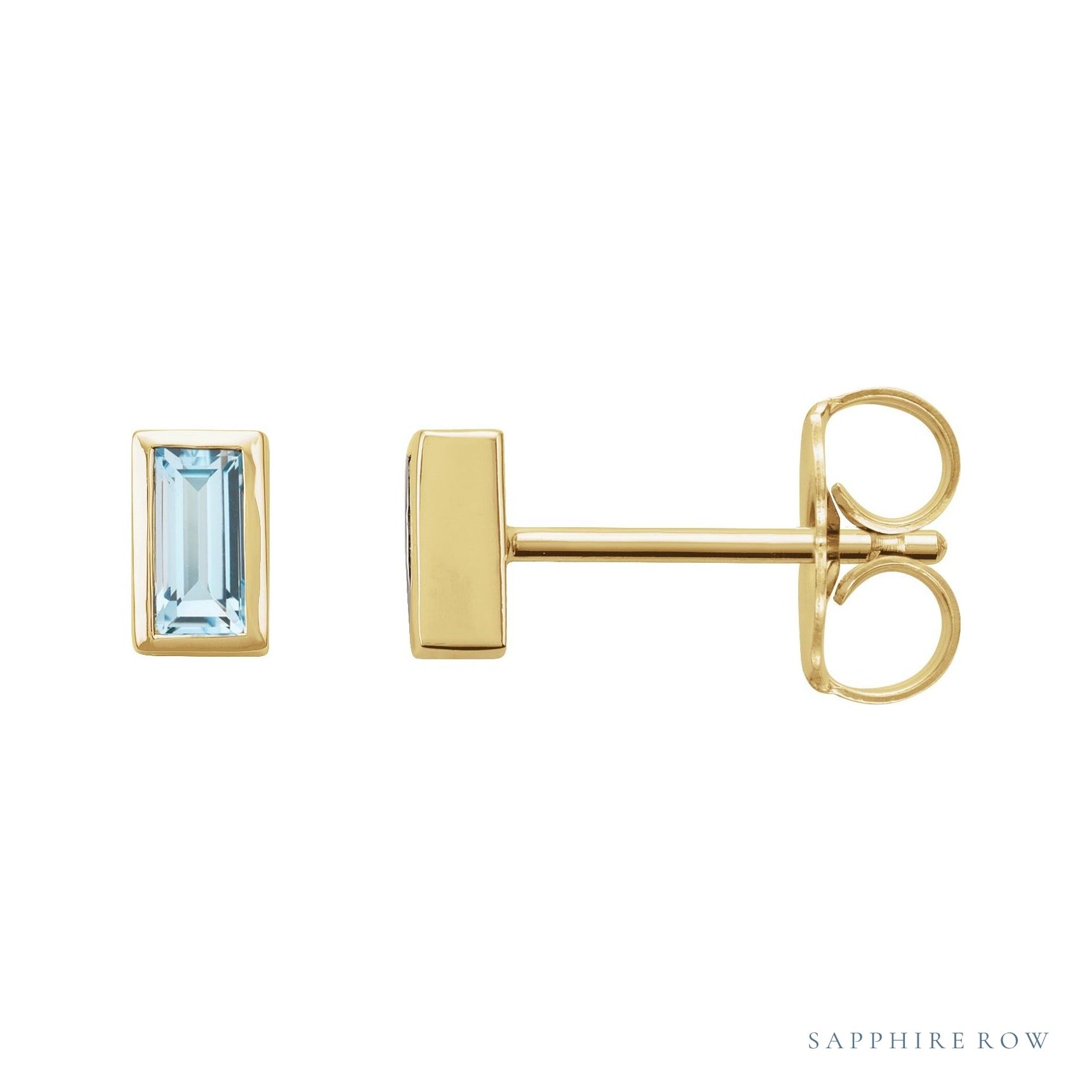 Sapphire Row Natural Gemstone Baguette Studs - Sky Blue Topaz, 14K Yellow Gold