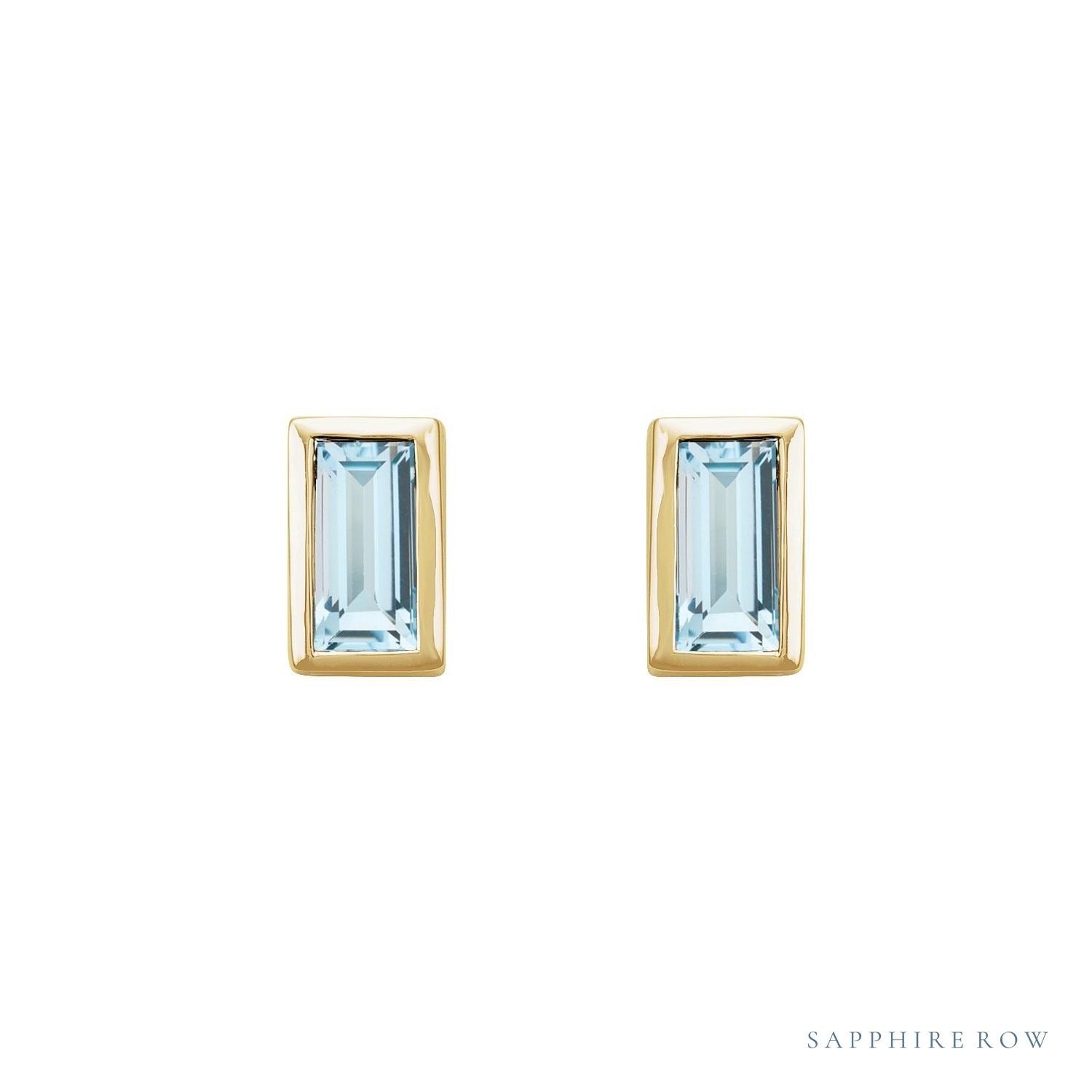 Sapphire Row Natural Gemstone Baguette Studs - Sky Blue Topaz, 14K Yellow Gold (view 2)