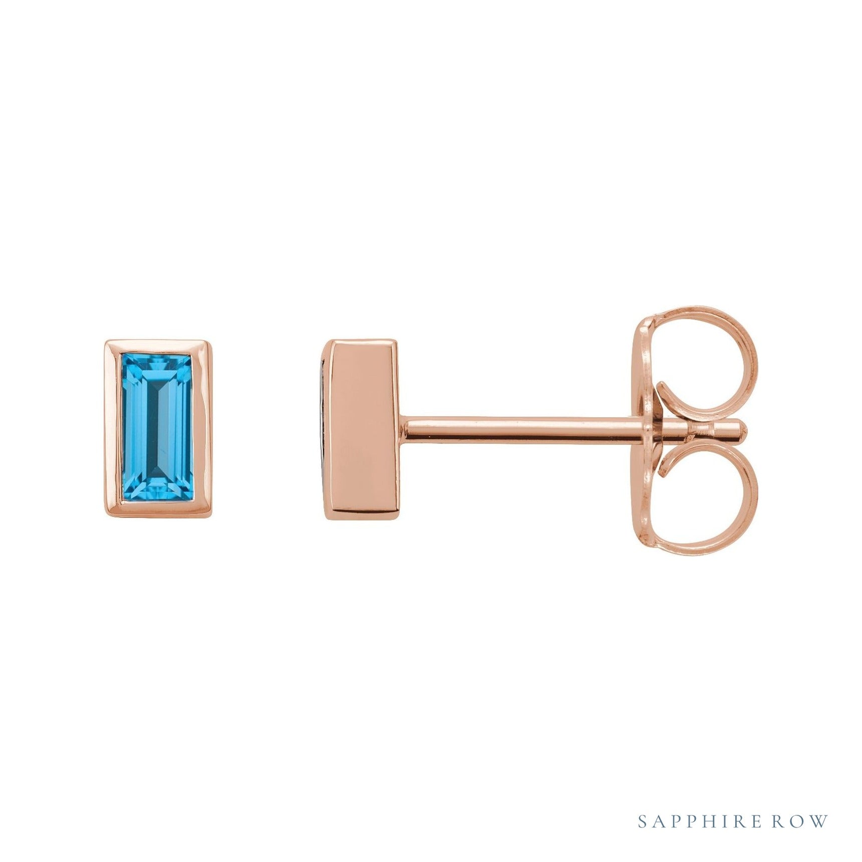 Sapphire Row Natural Gemstone Baguette Studs - Swiss Blue Topaz, 14K Rose Gold