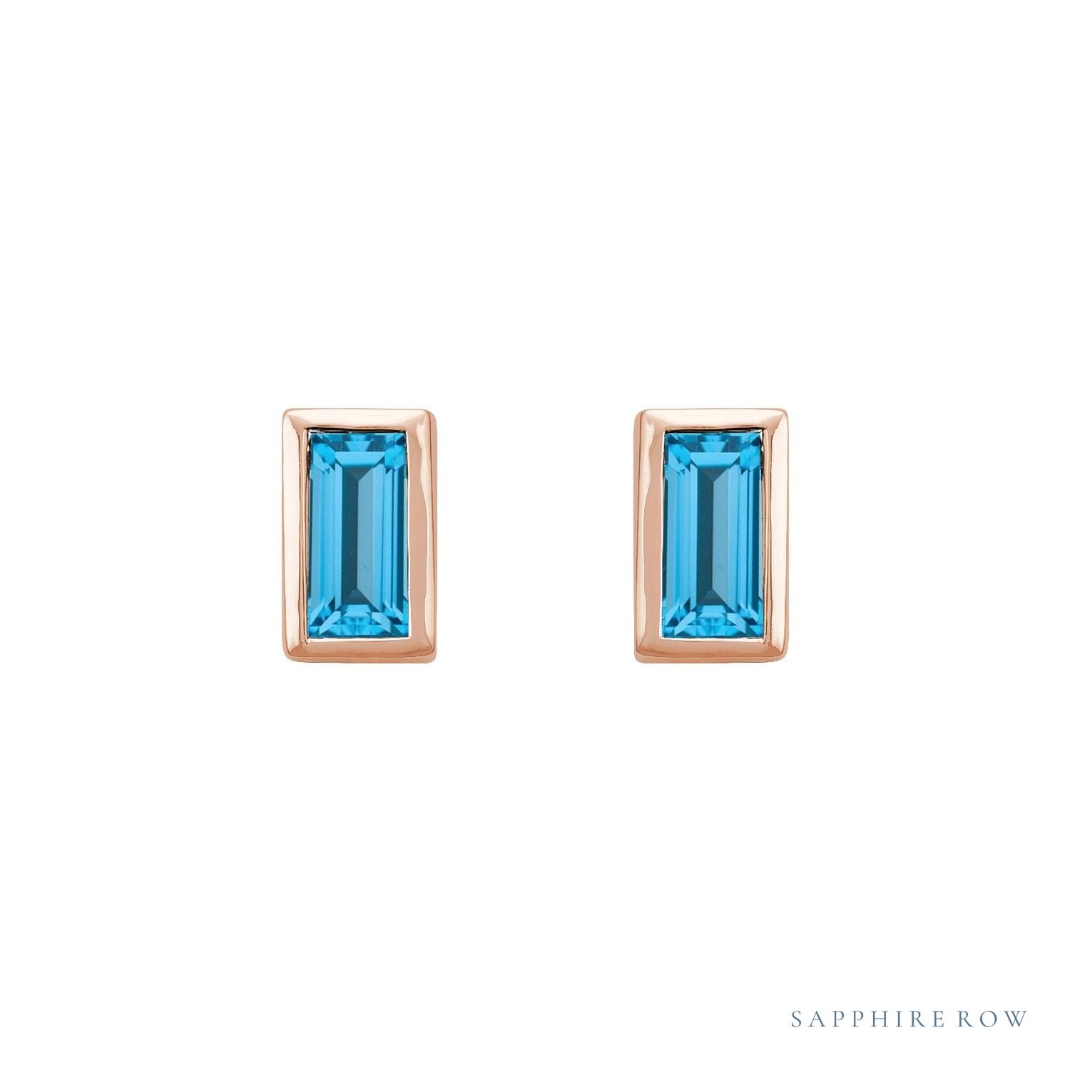 Sapphire Row Natural Gemstone Baguette Studs - Swiss Blue Topaz, 14K Rose Gold (view 2)
