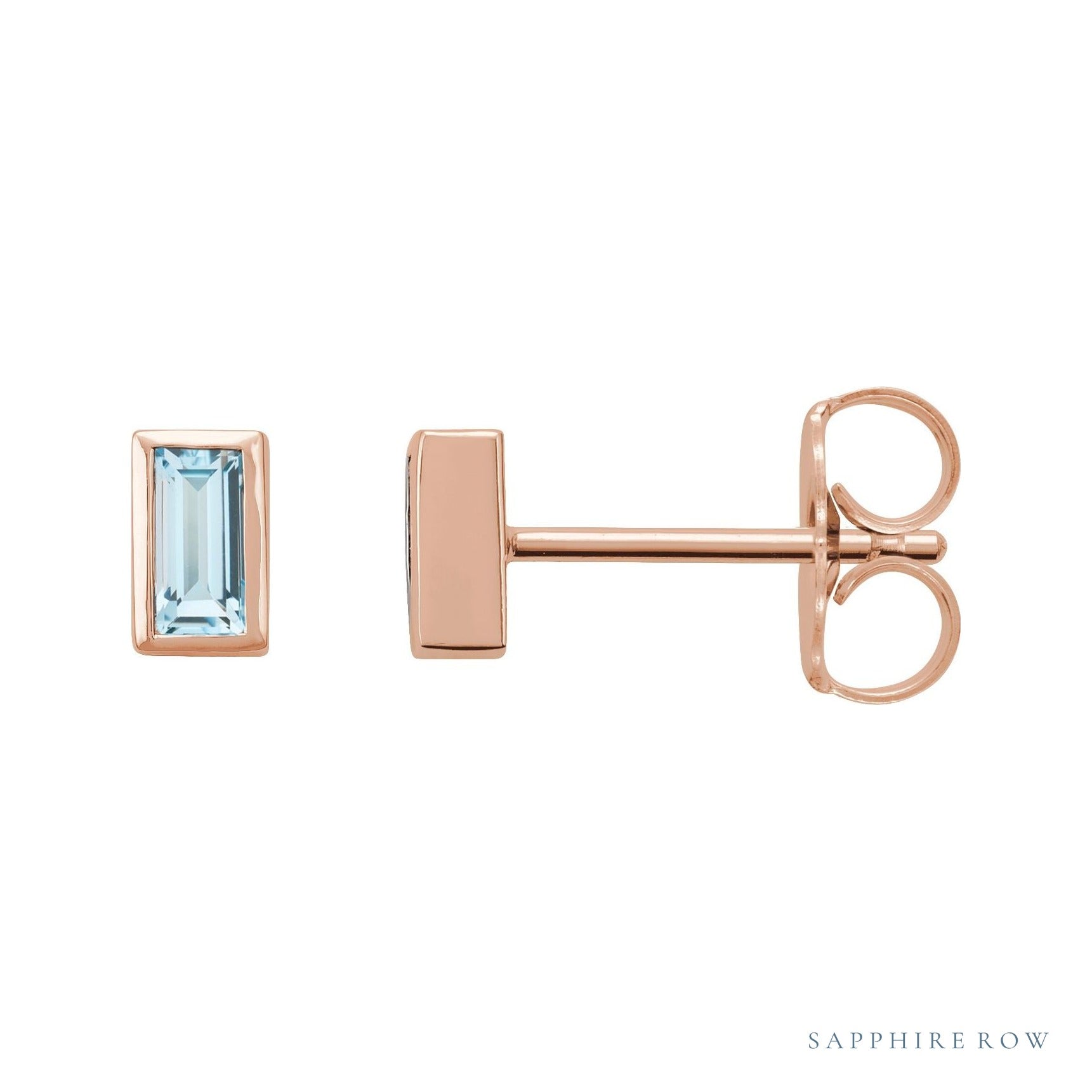 Sapphire Row Natural Gemstone Baguette Studs - Sky Blue Topaz, 14K Rose Gold